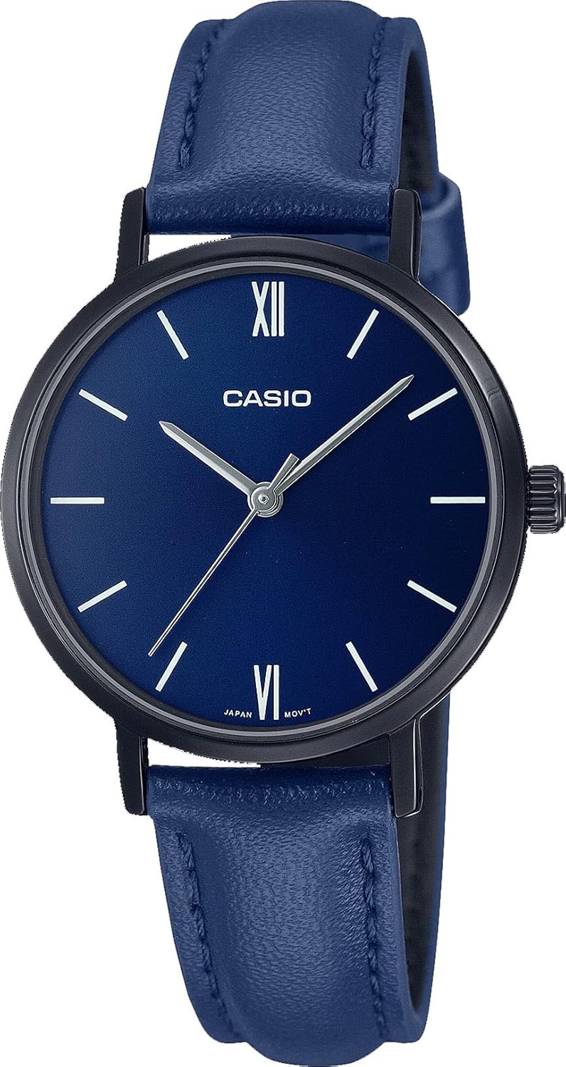 Casio LTP-VT02BL-2A Women Minimalist Black IP Blue Dial Leather Strap 3 Hands Analog Watch