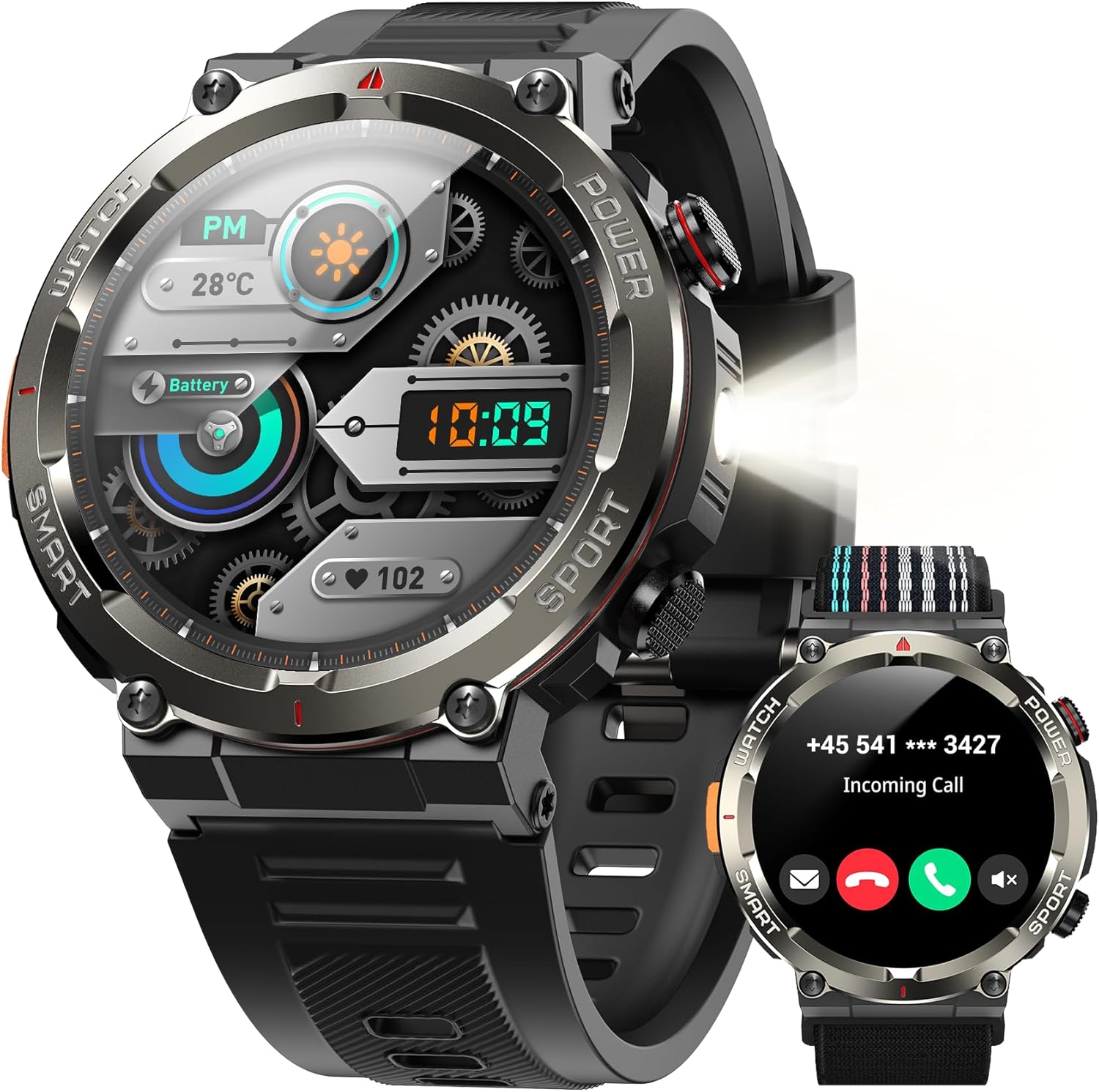 Men's Military Smartwatch, Fitness Watch with Bluetooth Calls, 1.45 Inches Military Smart Watch 100+ Sports Modes/960 mAh/Sleep/Heart Rate Monitor/Torch/Compass for iOS/Android