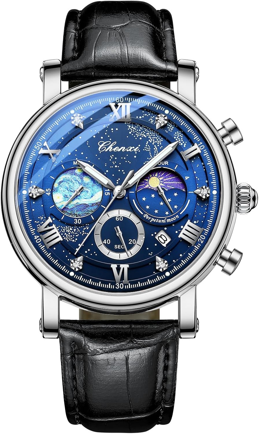 JewelryWe Men's Leather Wrist Watch: Multifunction Waterproof Wrist Watch with Night Decoration Van Gogh Starry Night with Chronograph and Calendar