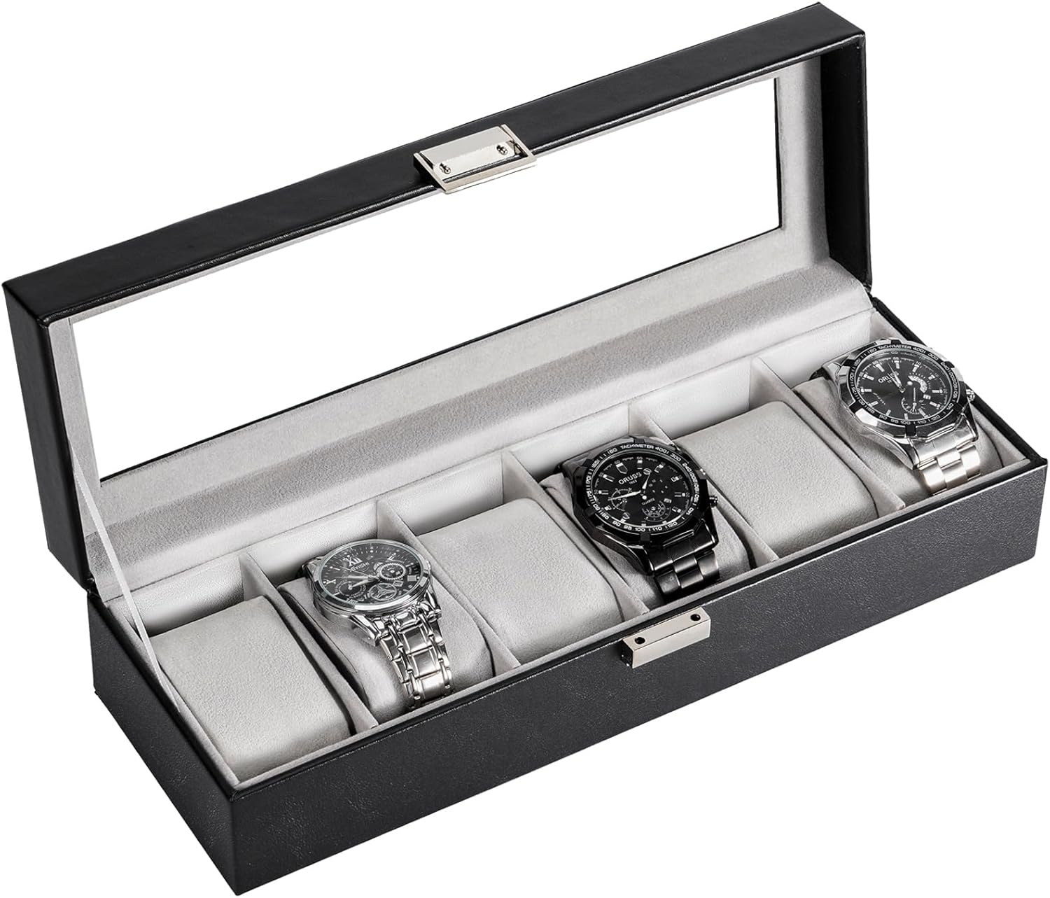 ProCase 6 Seater Men's Watch Box, Leather Watch Box, Watch Case with Glass Lid, Gift Idea Jewellery Box for Men Watch Organizer - Black