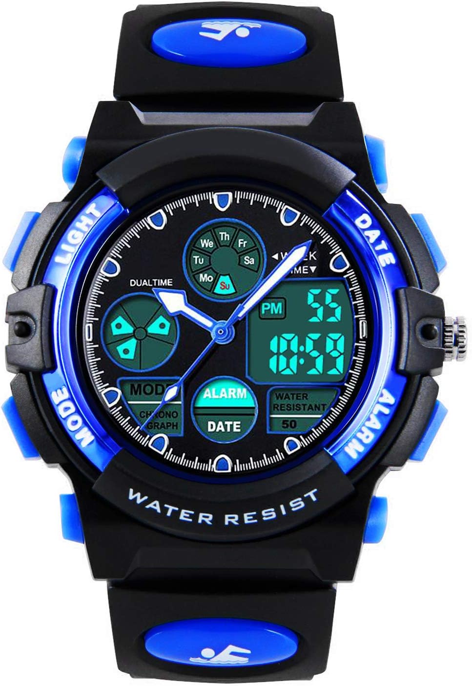 Kids Digital Analog Boys Watches - Kids Outdoor Sports Watch with Alarm/Dual Time, 5ATM Waterproof Electronic Analog Sports Watch for Teens, Blue, S,