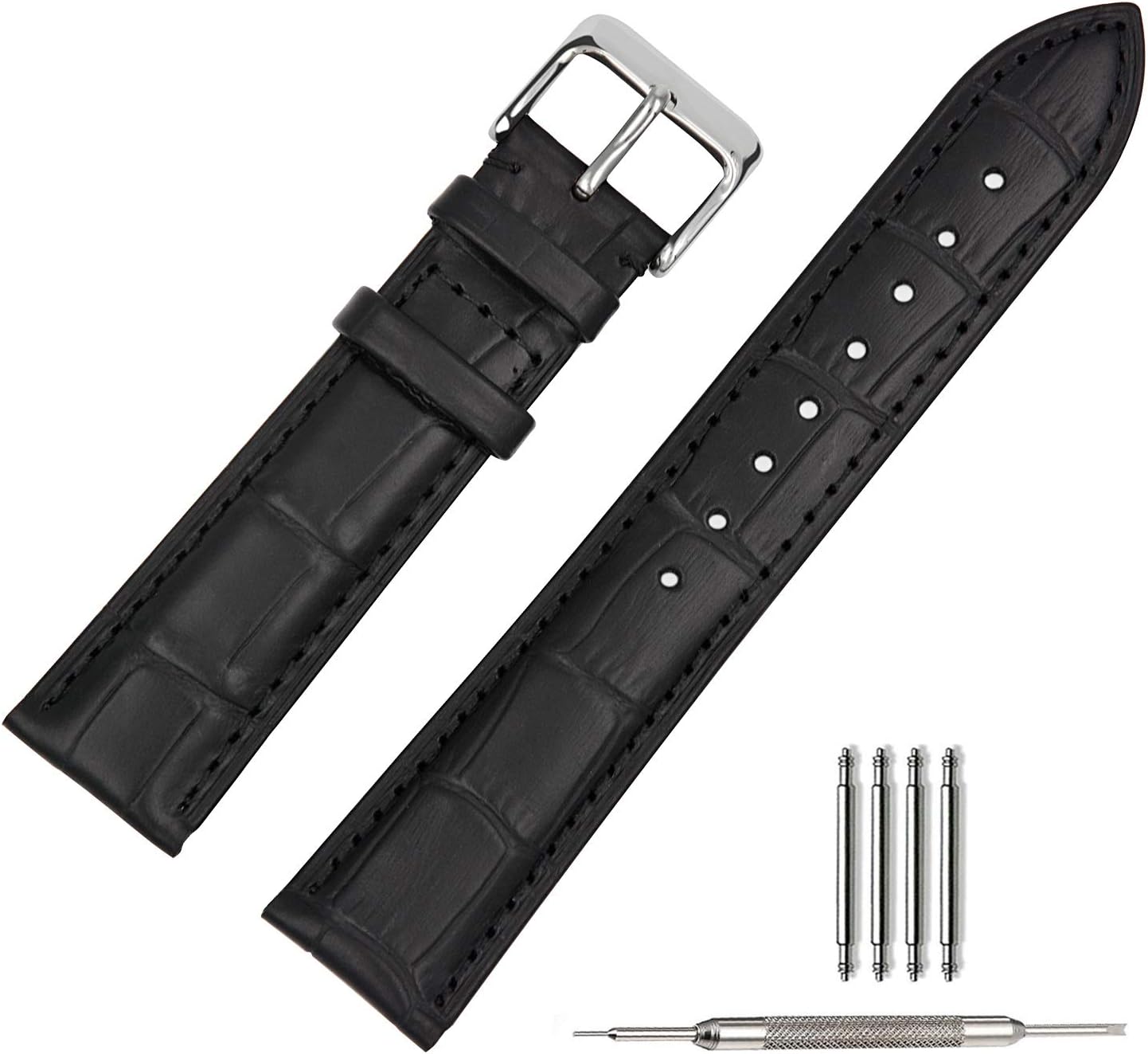 TStrap Watches Leather Strap 20 mm - Black Calf Leather Straps for Men Women - Replacement Sport Strap with Stainless Steel Buckle - 14 mm 16 mm 18 mm 19 mm 21 mm 22 mm 23 mm 24 mm