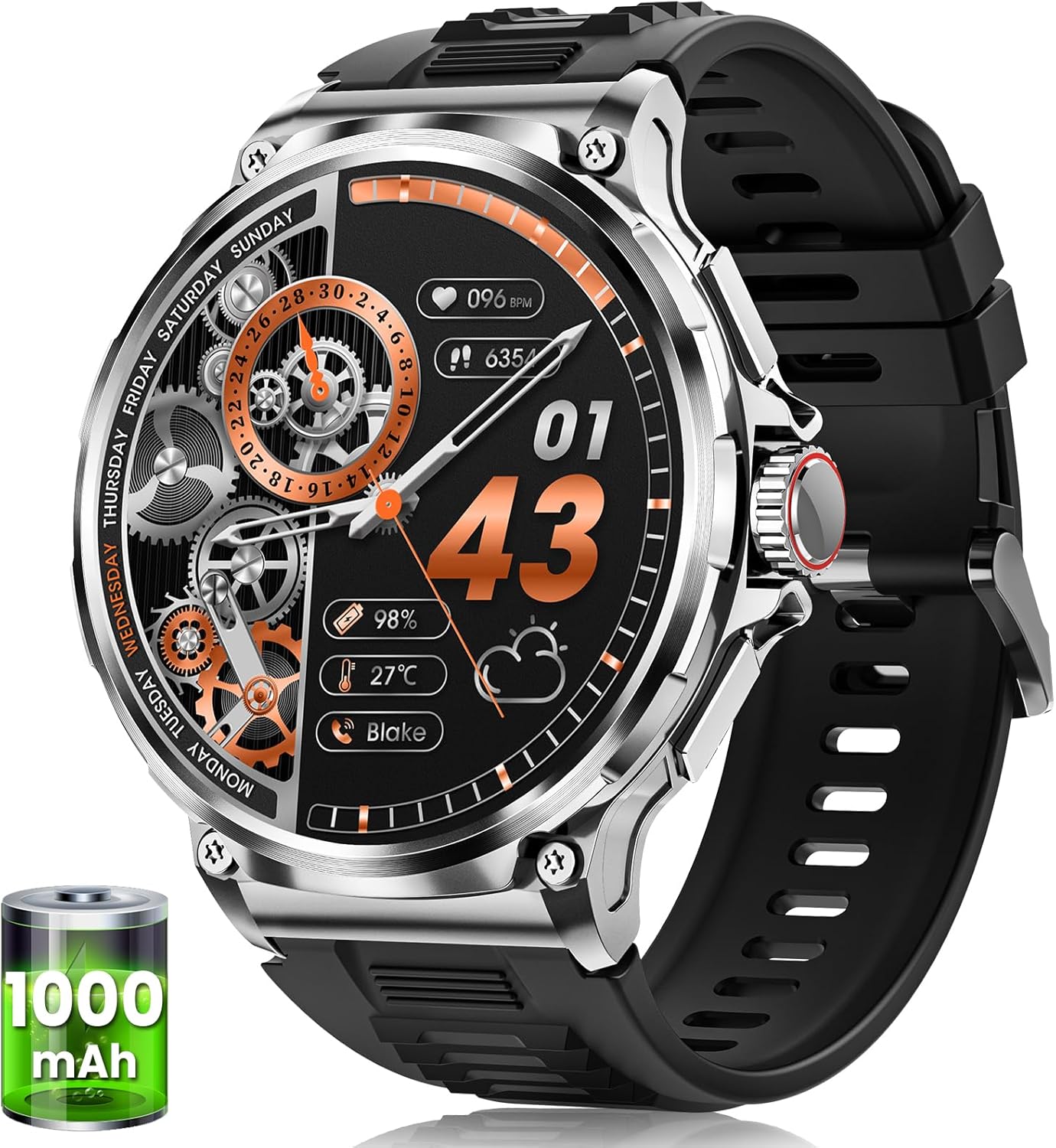 Men's Smartwatch with 1000 mAh Battery, 1.92 Inches AMOLED 5ATM Waterproof Military Smart Watch with Bluetooth Calls, 120+ Sports Modes, Heart Rate/SpO2/Sleep, iOS Android Silver