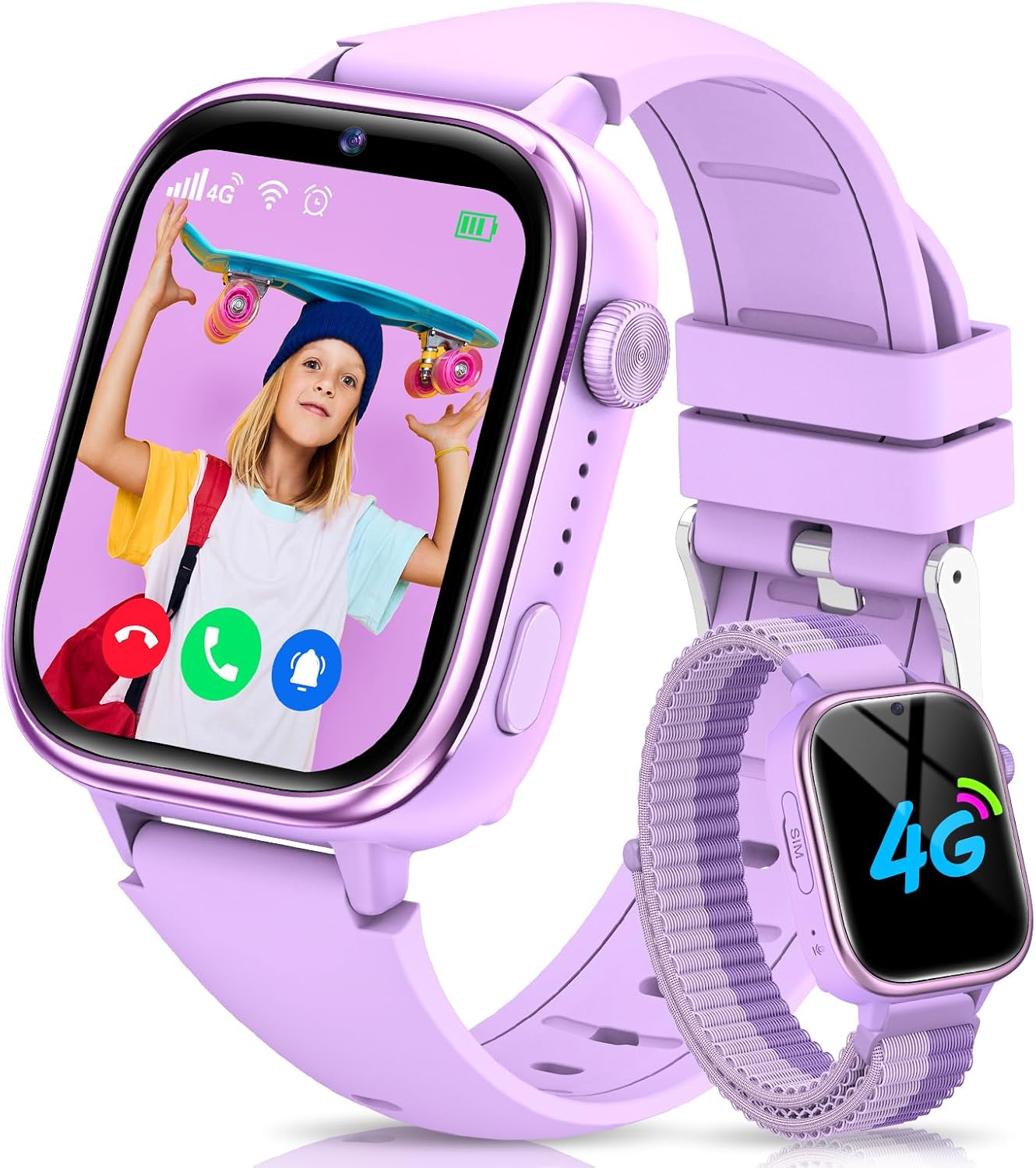 RUXINGX 4G Children's Smartwatch IP68 Waterproof Smartwatch with GPS, SOS, Phone, HD Video Call, Voice Chat, Lesson Mode, Alarm, Sleep, Kids Watch for Girls and Boys, Purple