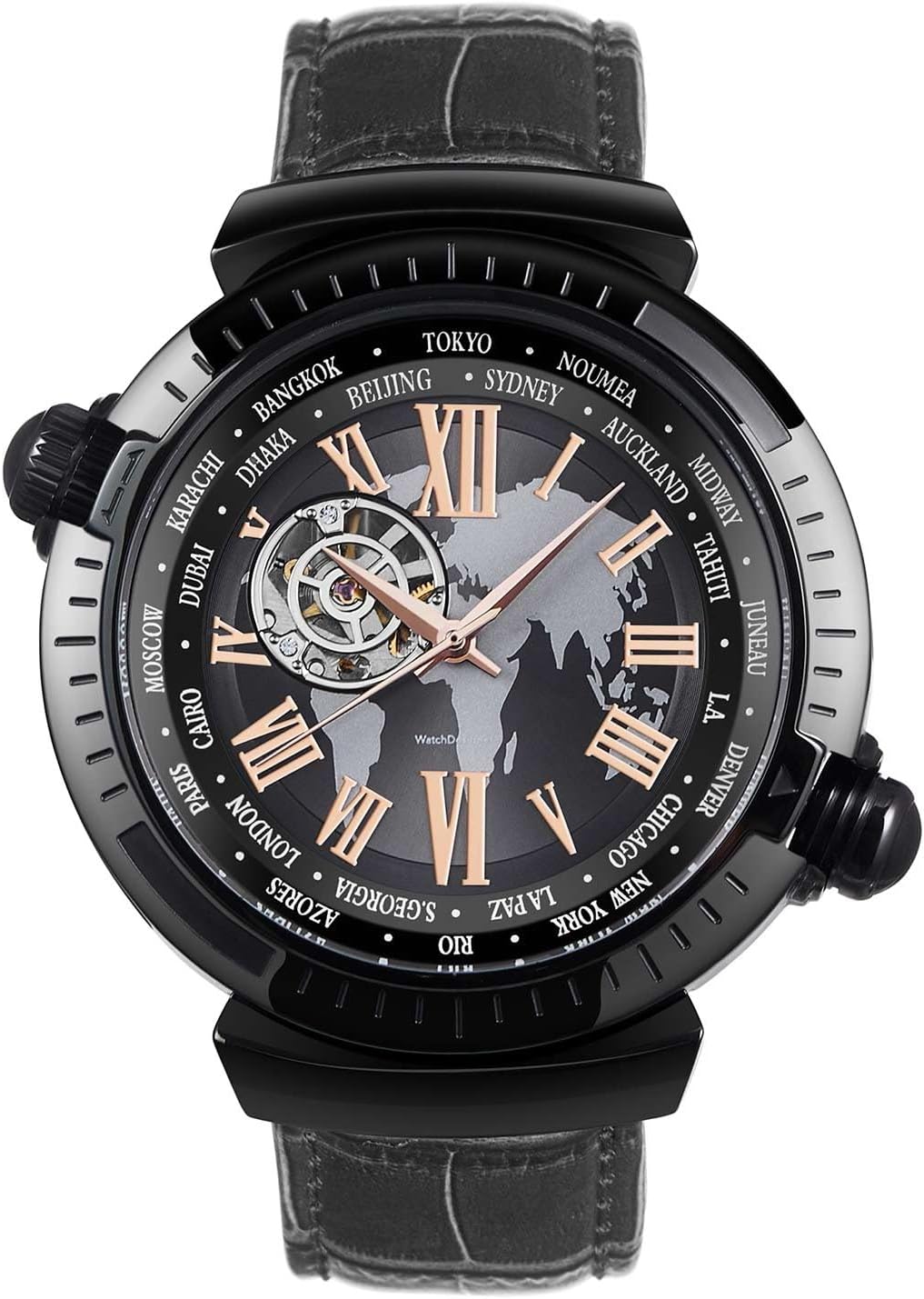 Orologio Automatico Meccanico da Uomo Scheletrato,Quadrante con Mappa del Mondo, Cassa in Acciaio Placcata Oro 18K, Vetro Zaffiro, Cinturino in Pelle Vera, Eleganza