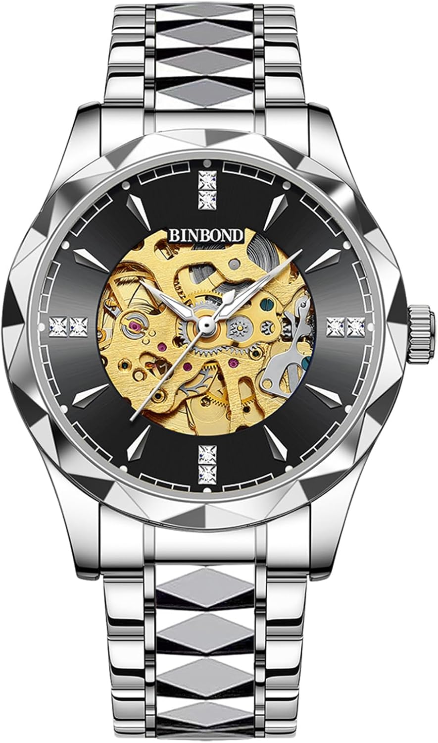 JewelryWe Automatic Mechanical Wristwatch: Men's Waterproof Skeleton Watches Luxury Luminous Diamond Stainless Steel Strap