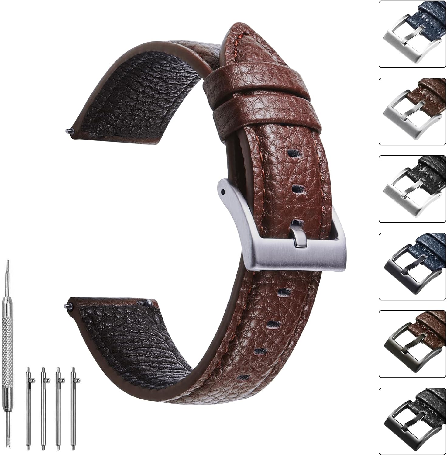 Watch Strap 20 mm Leather, Black Lychee Leather Watch Strap, Soft Replacement Watch Straps, Smartwatch Strap with Silver Buckle, 20 mm 22 mm