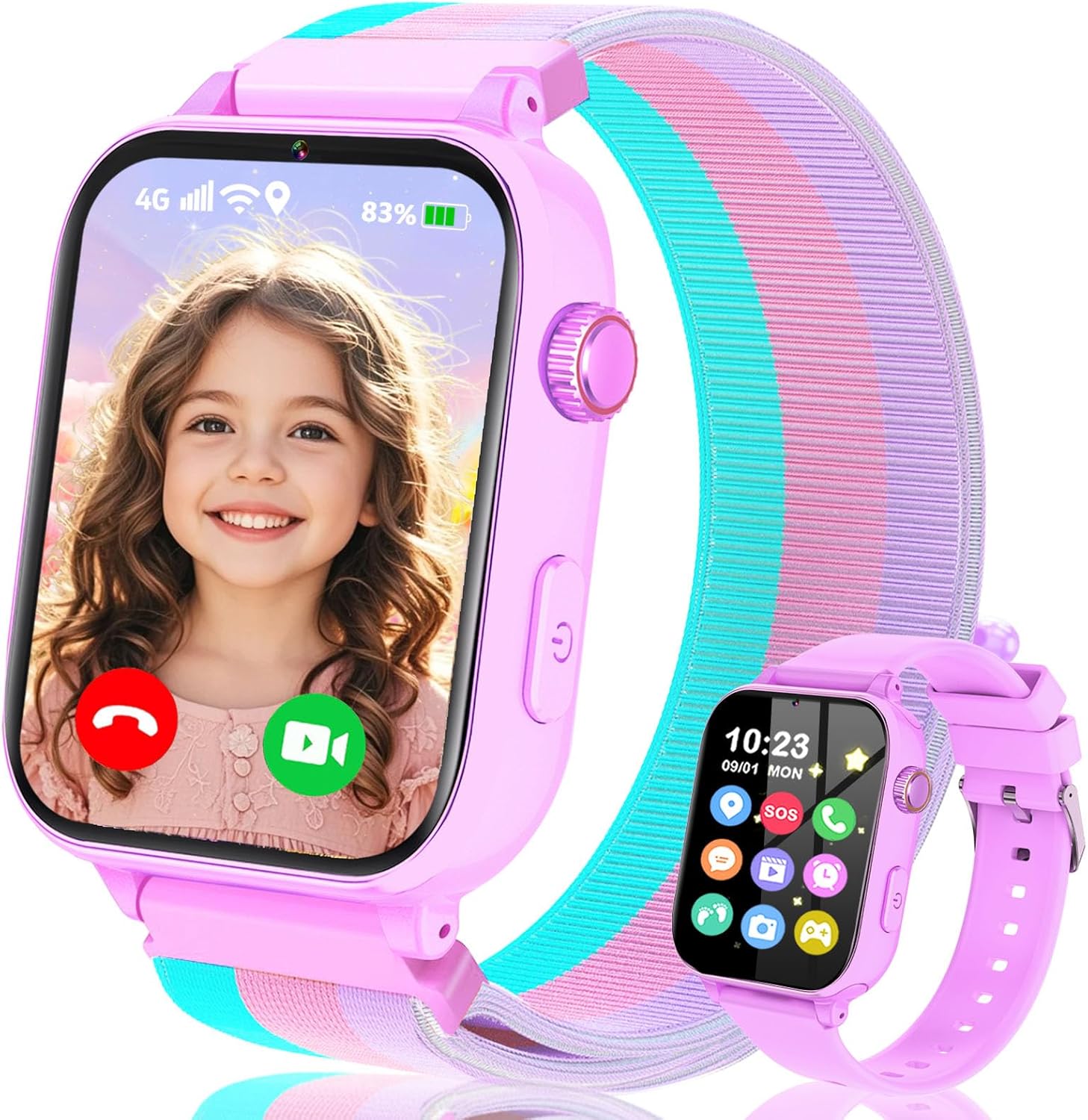 4G Children's Smartwatch Watch, Smart Watch with GPS, SOS, Phone/Chat/Video Calling, School Mode, Pedometer, Alarm, Game Smart Watch Girl Boy 4-12 Years Gift, Purple