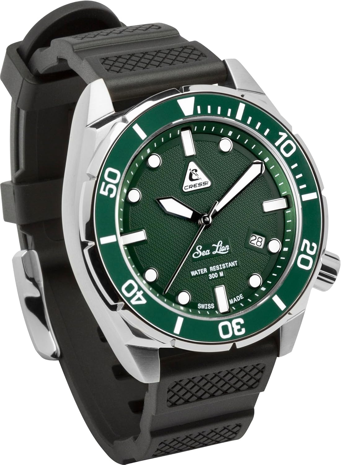CRESSI Sea Lion Paraggi Edition Orologio Automatico Professionale Subacqueo, Swiss Made 30 atm Vetro Zaffiro Cassa Acciaio Inox 44mm Cinturino in Caucciù, Impermeabile 300m, Silver/Verde