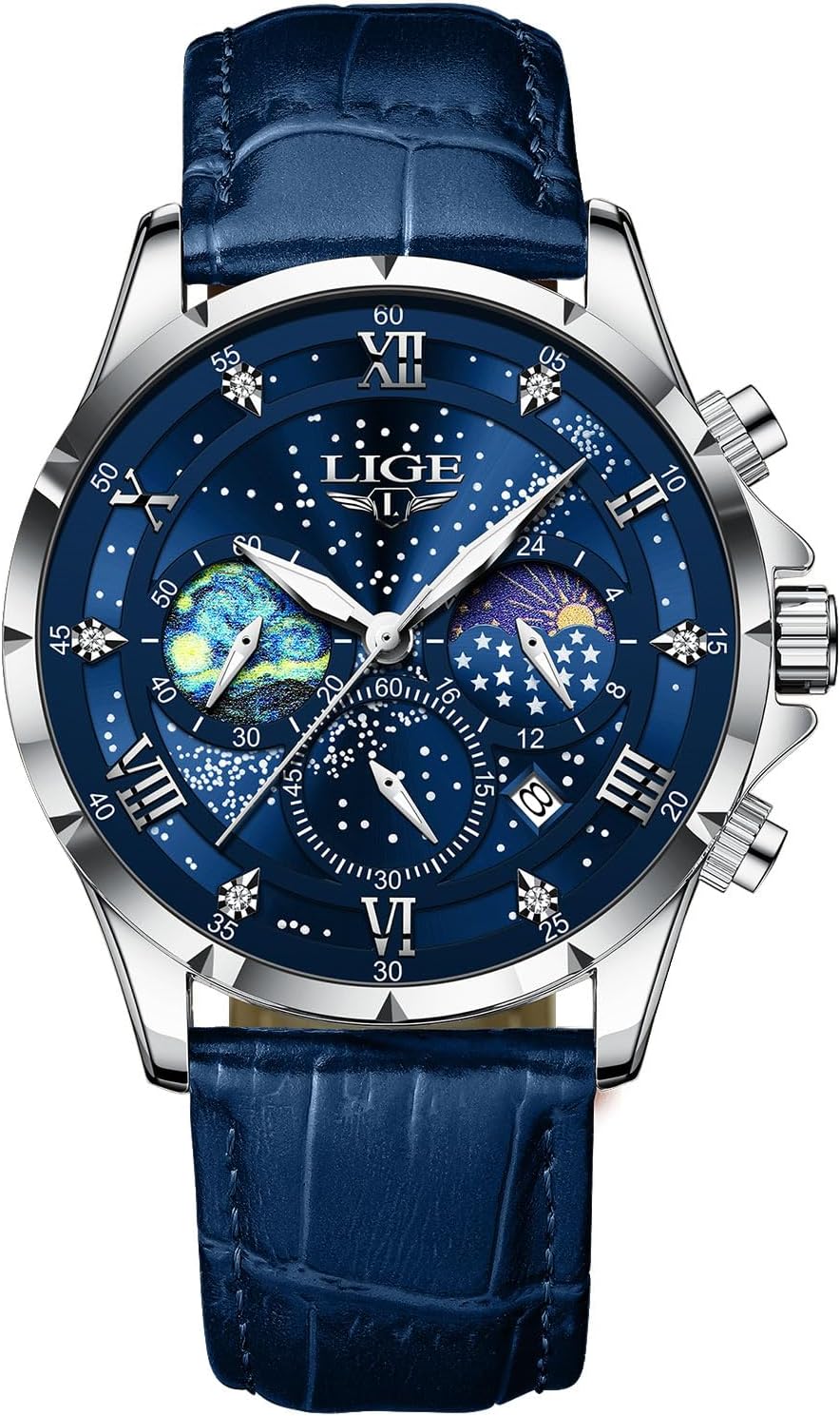 LIGE Watches Men Chronograph Waterproof Moon Phase Luminous Date Design Quartz Wrist Watch for Men