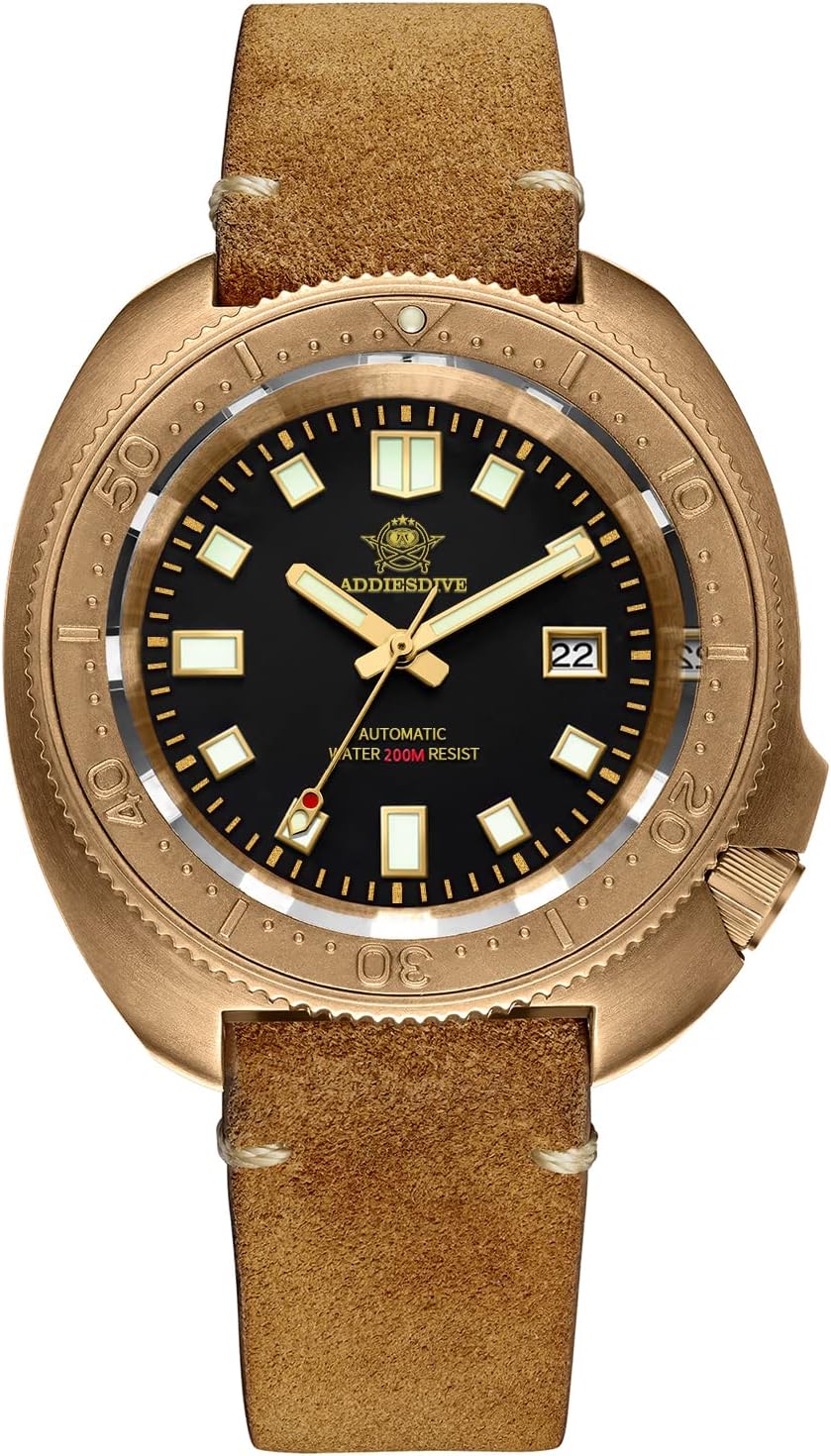 ADDIESDIVE Orologio Bronzo Automatico Diver Uomo Impermeabile 200 M Cinturino in Pelle Vintage