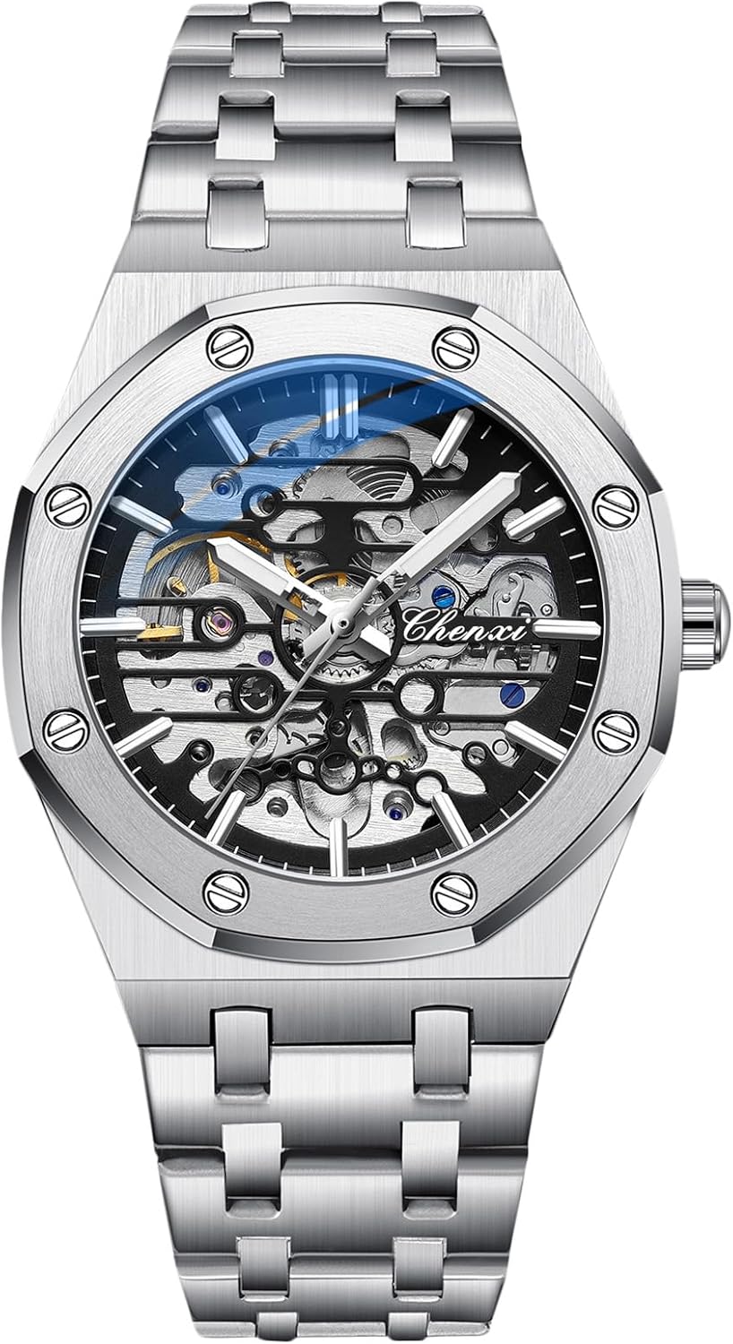 RORIOS Men's Automatic Mechanical Wrist Watches Luminous Pointer with Stainless Steel Strap Skeleton Dial Watch