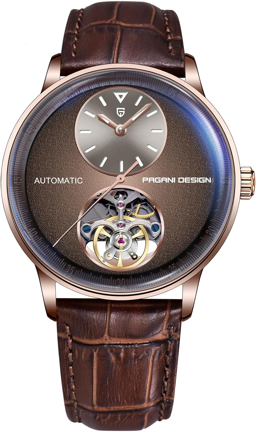 Pagani Design Orologio Meccanico Automatico Uomo Movimento Meccanico a Vista, Cassa 42mm in Acciaio 316L, Cinturino in Pelle PU, Resistente all'Acqua 100m (10ATM), Vetro Zaffiro