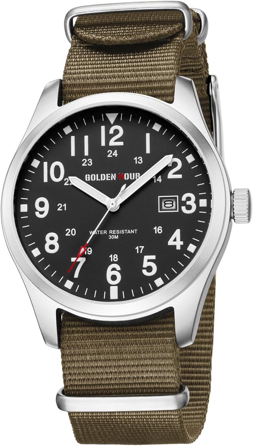 GOLDEN HOUR Slip-thru Men's Watch with Nylon Strap with Military Time Easy Read Dial Luminous Hands 12/24 Hour Display Waterproof Digital Sports Watches