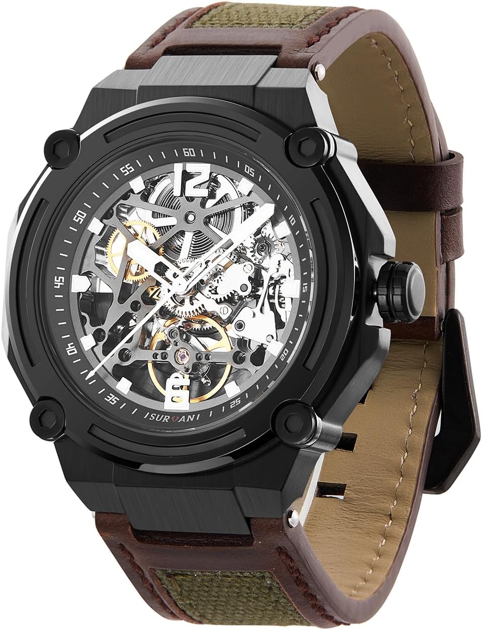 Orologio Automatico Meccanico da Uomo Scheletrato con Specchio in Cristallo di Zaffiro con Cinturino in Pelle Vera