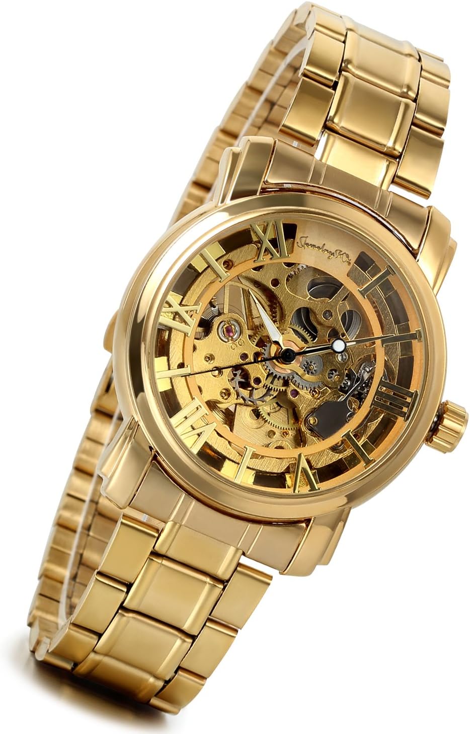 Lancardo Men's Automatic Mechanical Wrist Watch Roman Numerals Dial Back Case Transparent Gold Colour, gold, bracelet