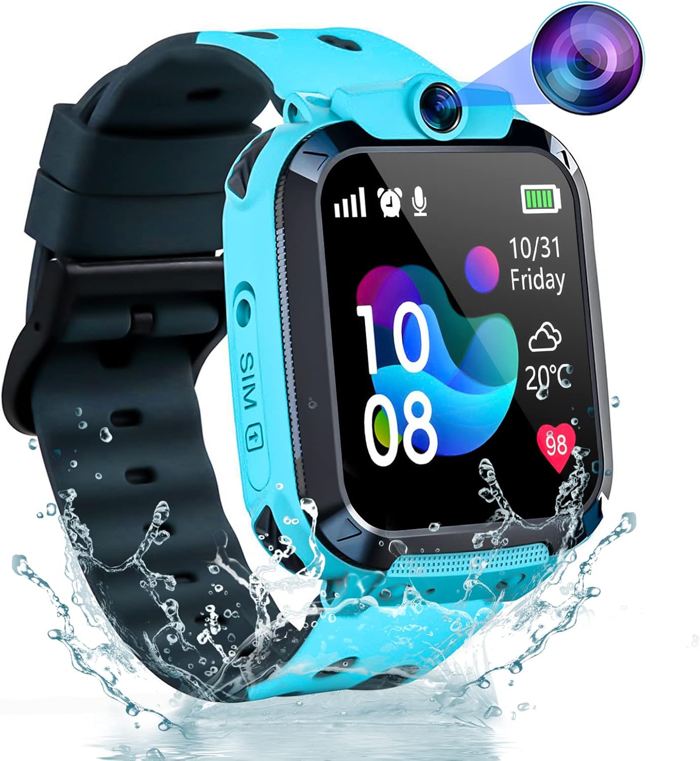 GPS Smartwatch Children, Watch Smartwatch Children GPS Phone for Boy and Girl, IP68 Waterproof Child Watch Mobile Phone SOS Games Voice Chat Alarm Clock Gift