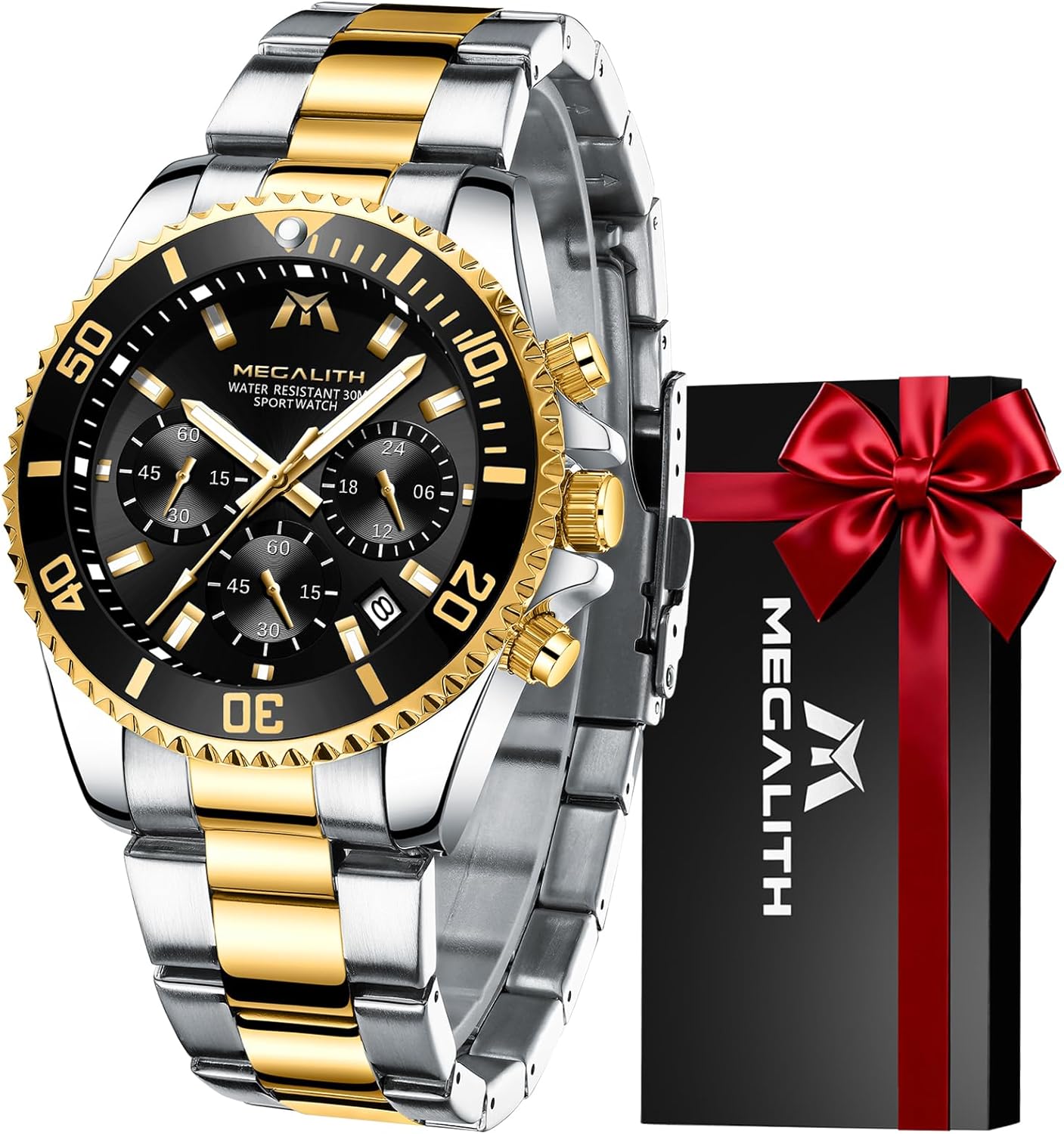 MEGALITH Men's Steel Chronograph Quartz Watch – Designer Wristwatches Large Waterproof Luminous Date