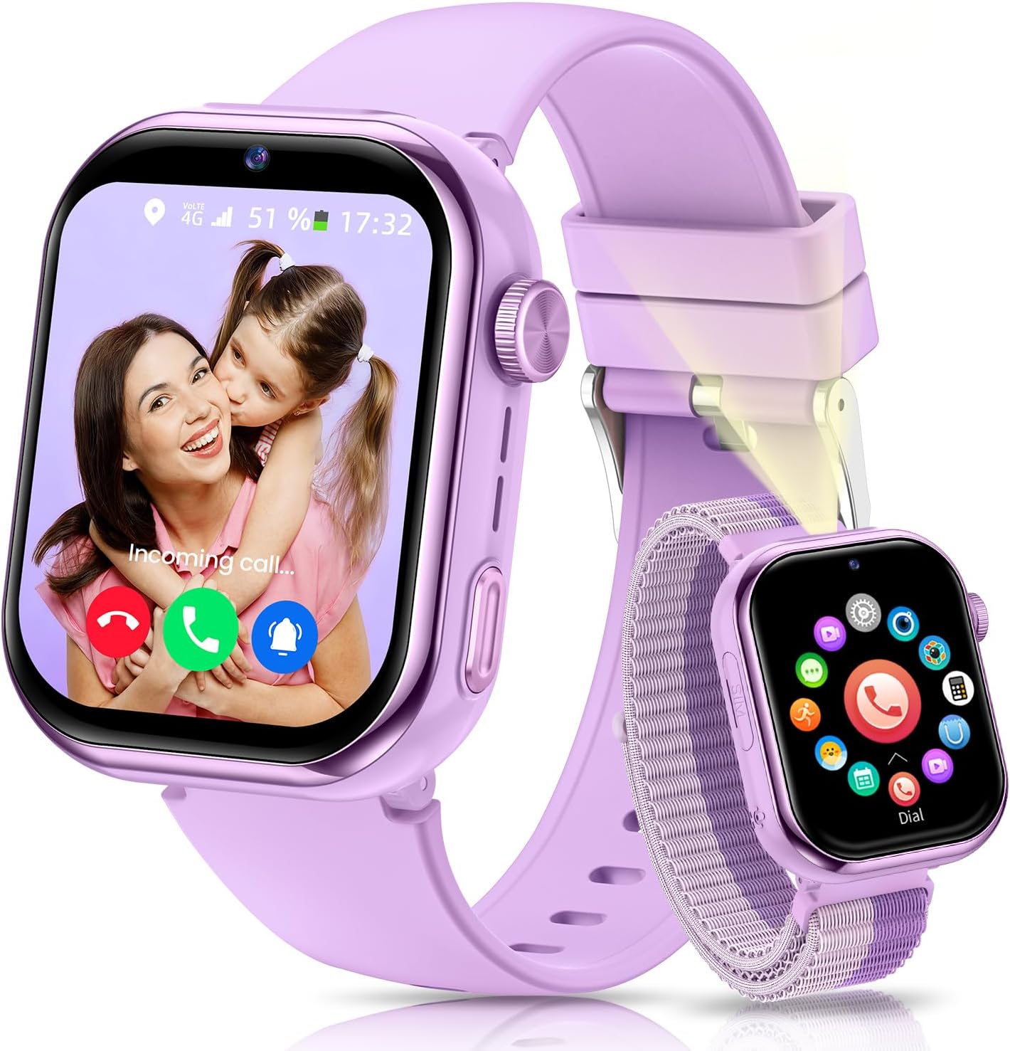RUXINGX 4G Children's Smartwatch with GPS, Calls, Video Calls, IP68 Waterproof, Dual Display, Voice Chat, Flashlight, School Mode for Boys and Girls Purple
