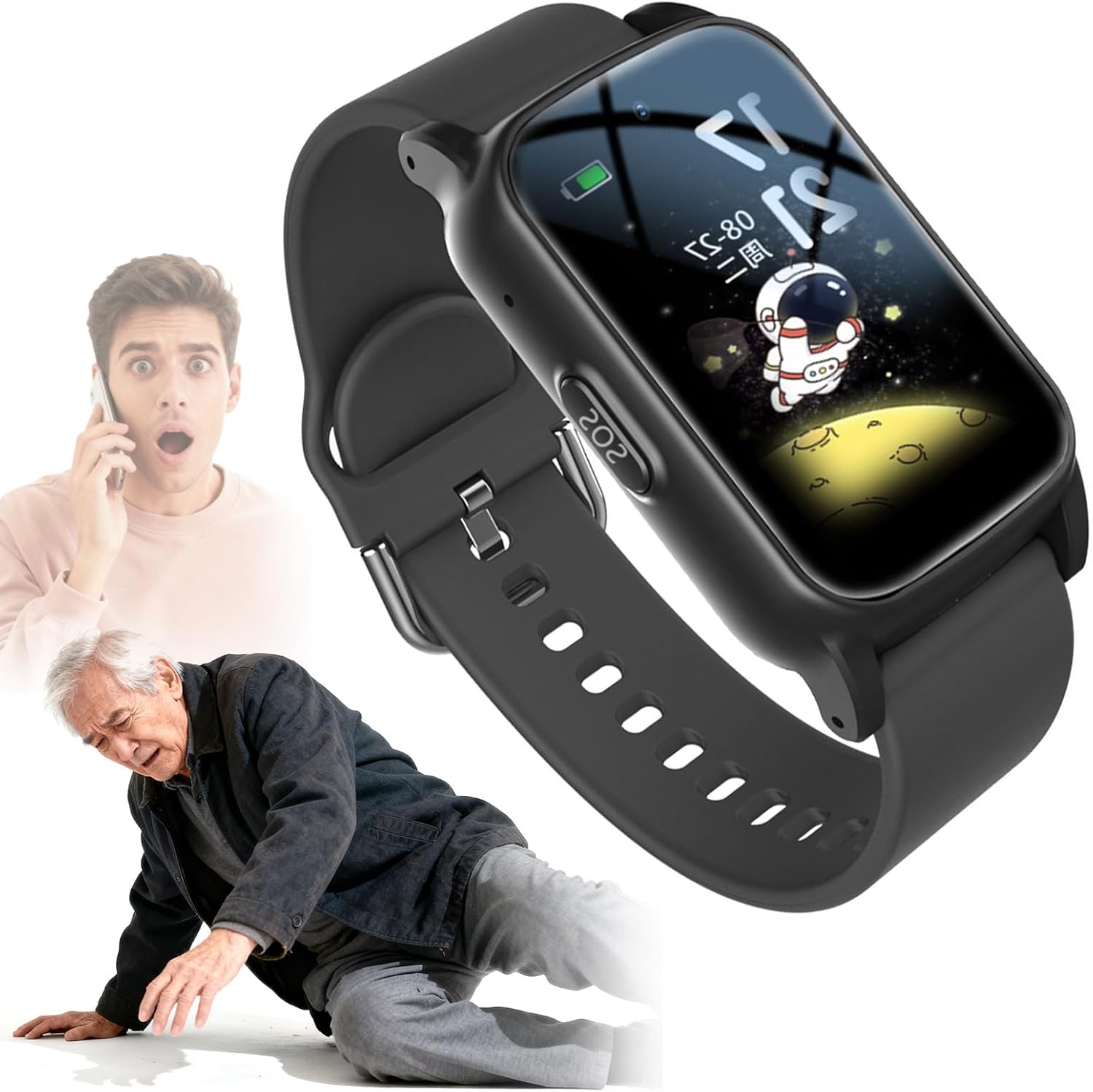 Smartwatch Personal Alarm for Elderly - Fall Detection - GPS Tracking - Fall Notification for Smartphone - Black