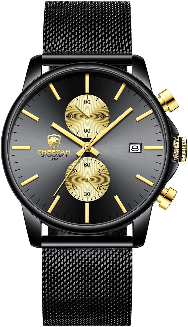 GOLDEN HOUR Mens Fashion Sport Analog Quartz Stainless Steel Waterproof Chronograph Automatic Date Wrist Watches