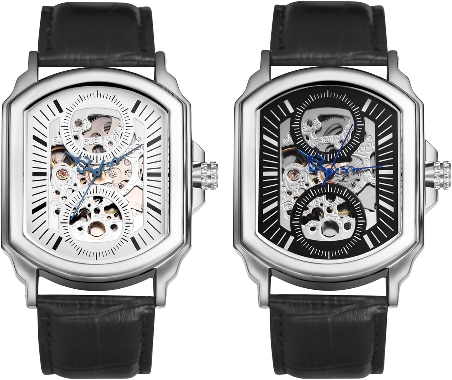 JewelryWe Boys Men's Mechanical Wrist Watch Leather Strap Roman Numerals Silver/Gold Gift