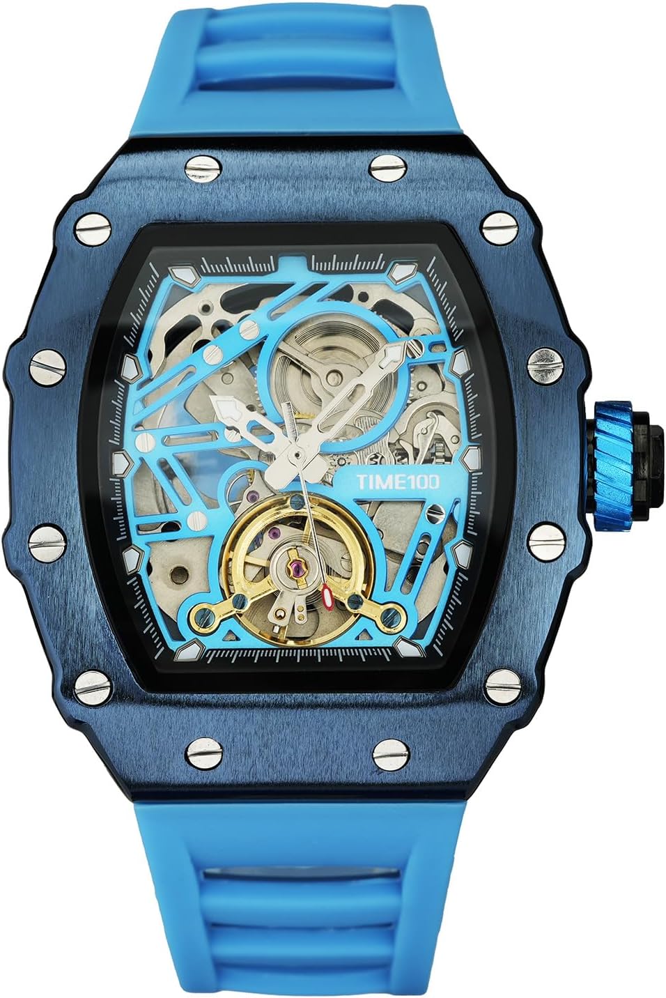 TIME100 Orologio Meccanico Automatico Uomo Scheletrato Quadrante Rettangolare Scheletro Grande