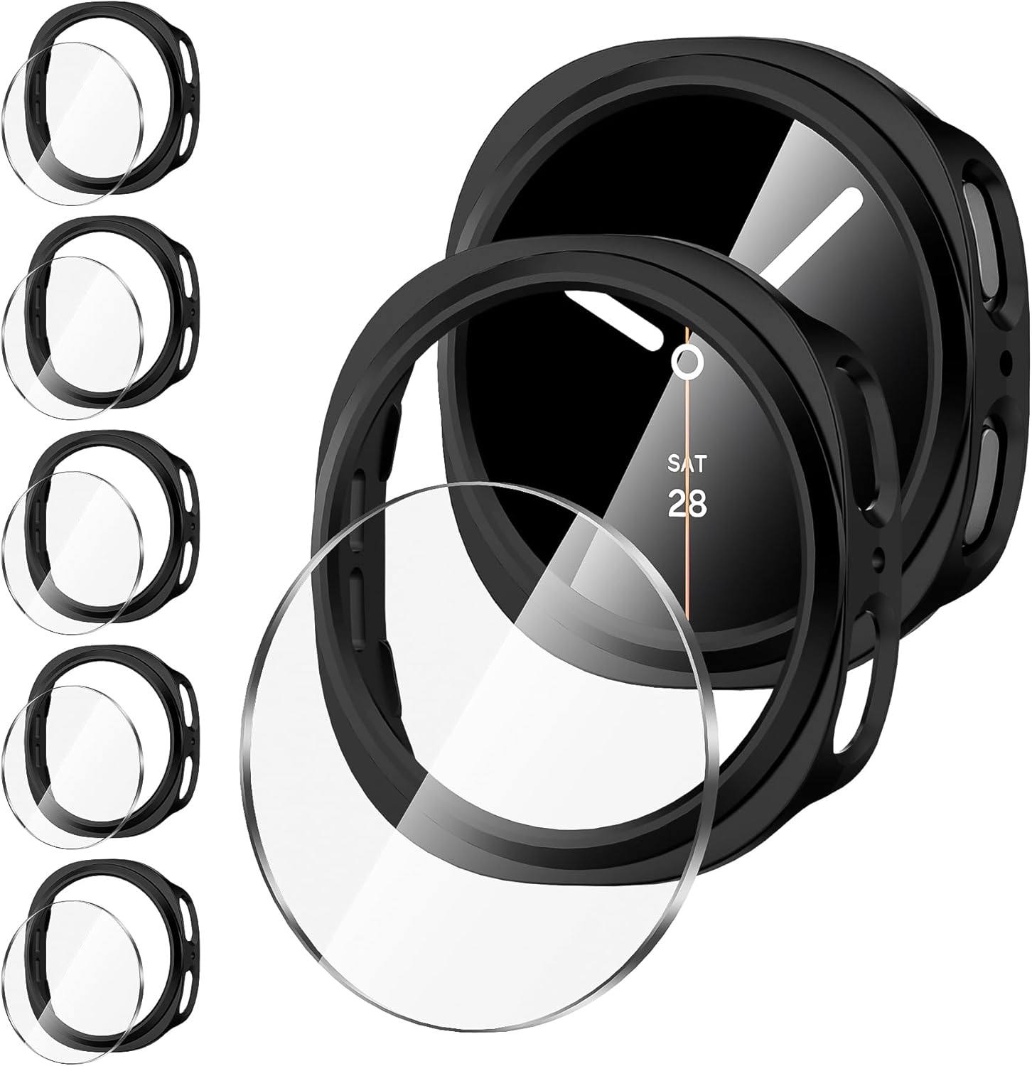 Diruite 5 + 5 Pieces Cover for Samsung Galaxy Watch 8 40 mm Protective Film, PC Case *5 Transparent Tempered Glass Film, Black (HD), 40 mm