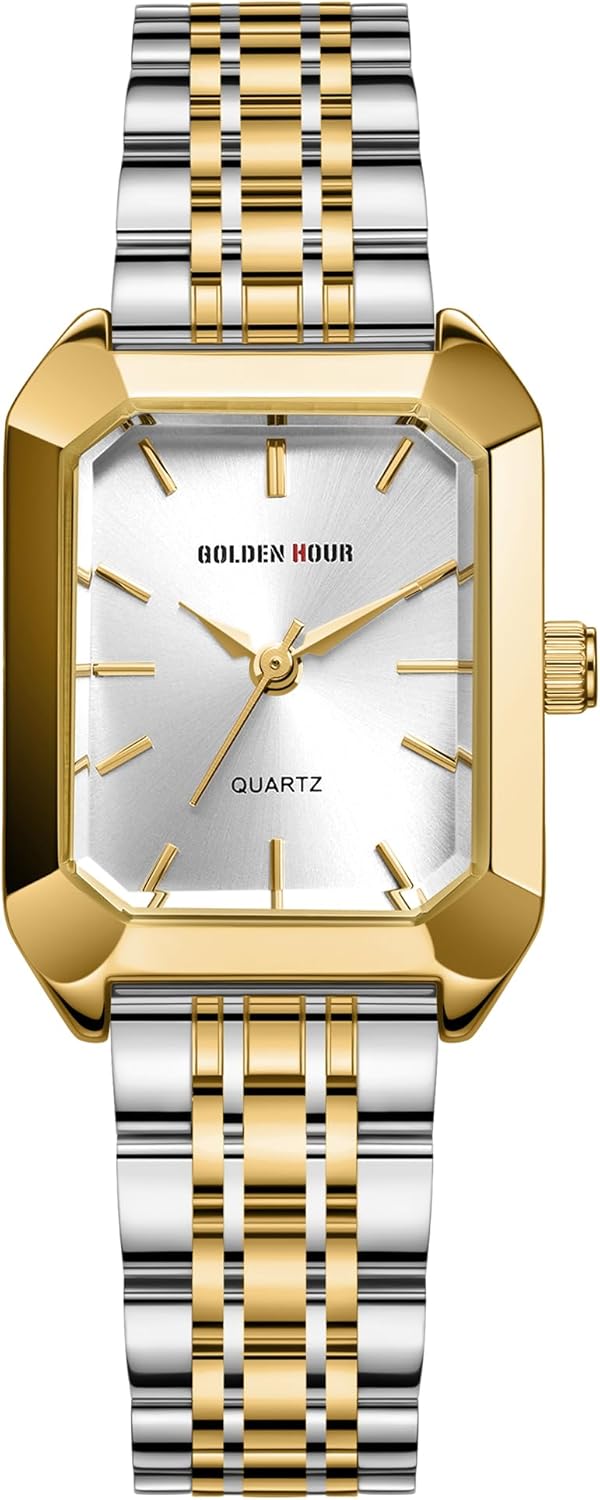 GOLDEN HOUR Women's Rectangular Quartz Analog Watch, Gold with Stainless Steel Strap, Vintage Waterproof Fashion Casual Wristwatches for Women