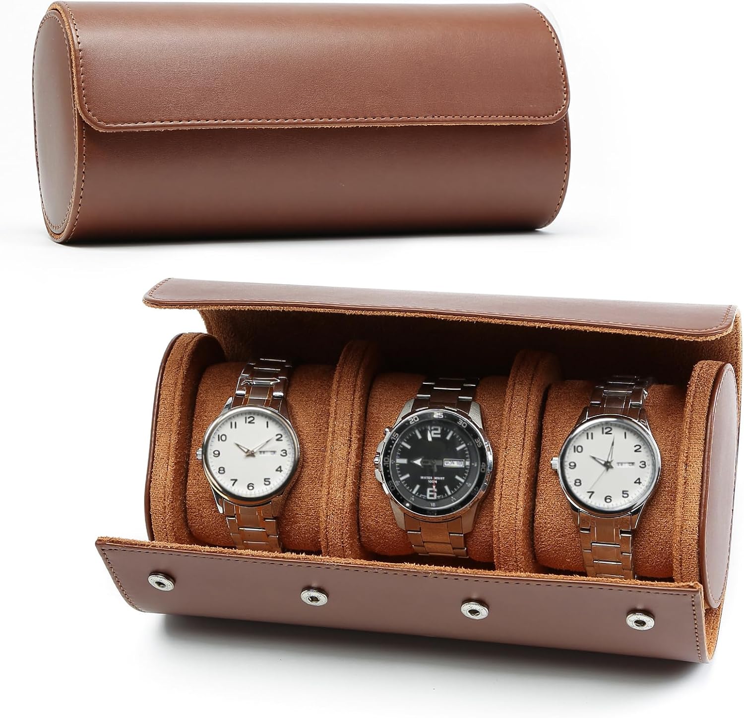 PU Leather Watch Box, Portable Travel Watch Case, Watch Case for Men, Vintage Watch Holder 3 Slots Suitable for All Wristwatches and Smartwatches up to 50 mm