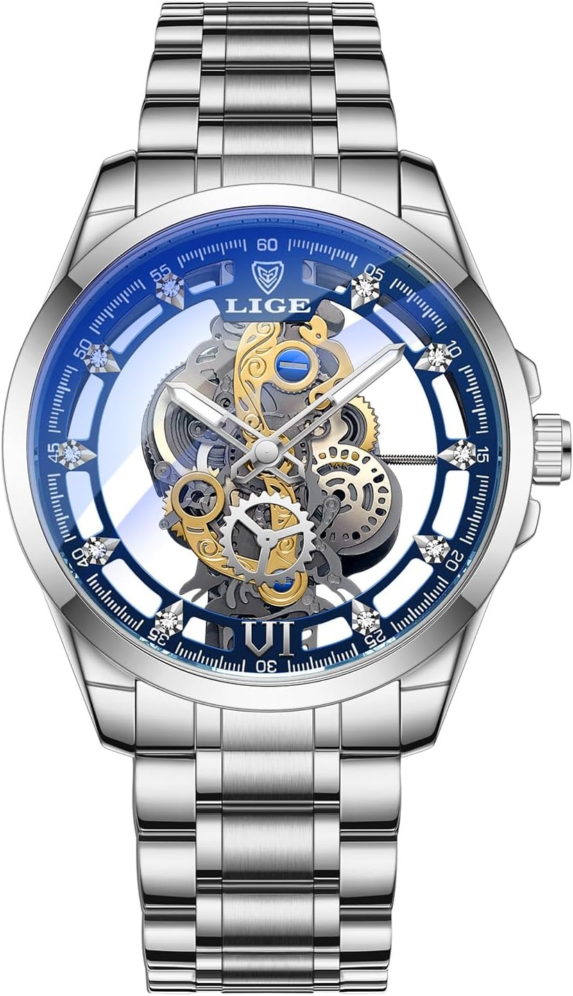 LIGE Mens Waterproof Analog Watch Fashion Classic Clear Dial Automatic Mechanical Luminous Elegant Stainless Steel Luxury Watch for Men Color:, silver, Classic