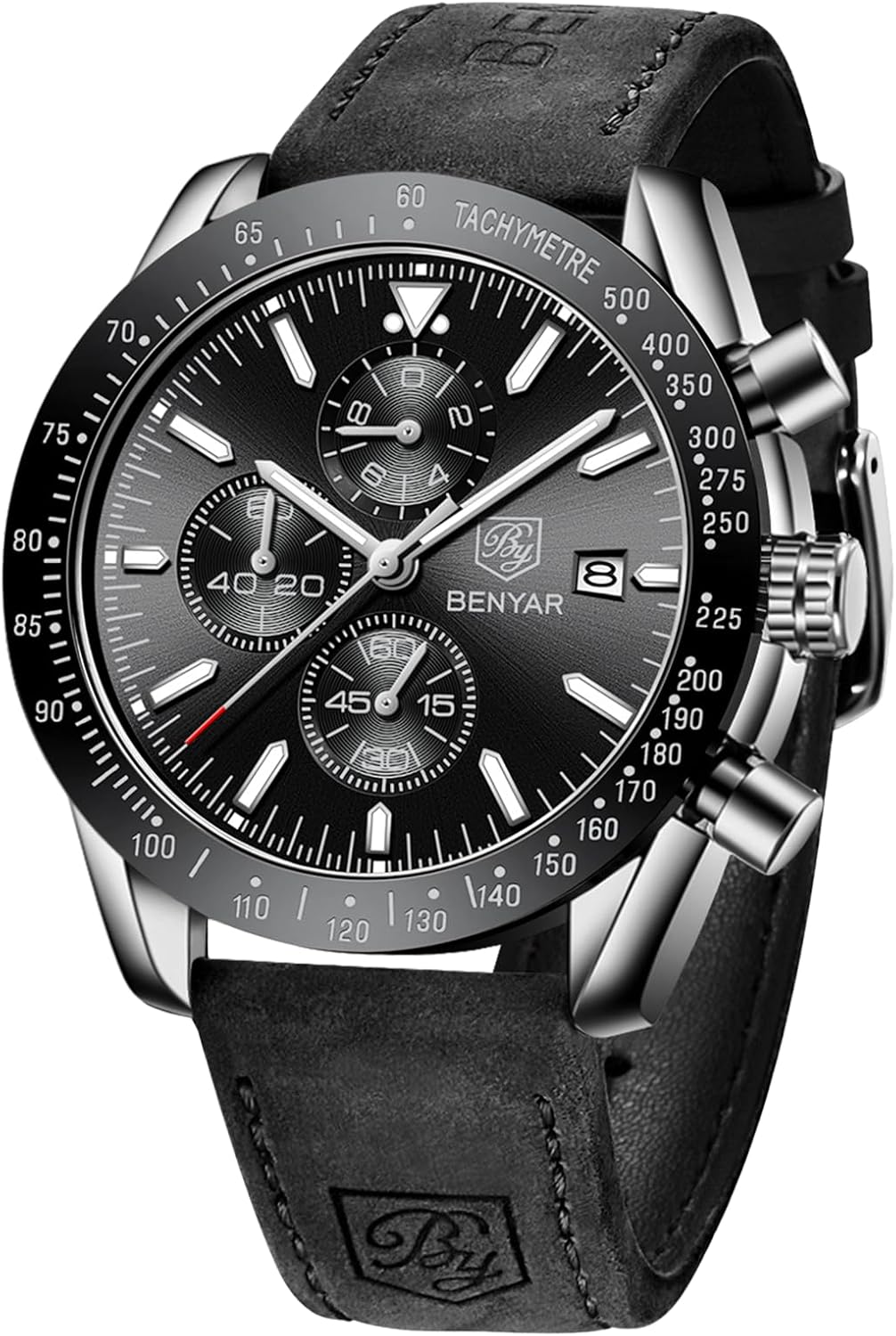 BENYAR BY Men's Watch Chronograph Analogue Quartz Waterproof Luminous Watches Leather Strap Classic Fashion Elegant Watch Gift for Men