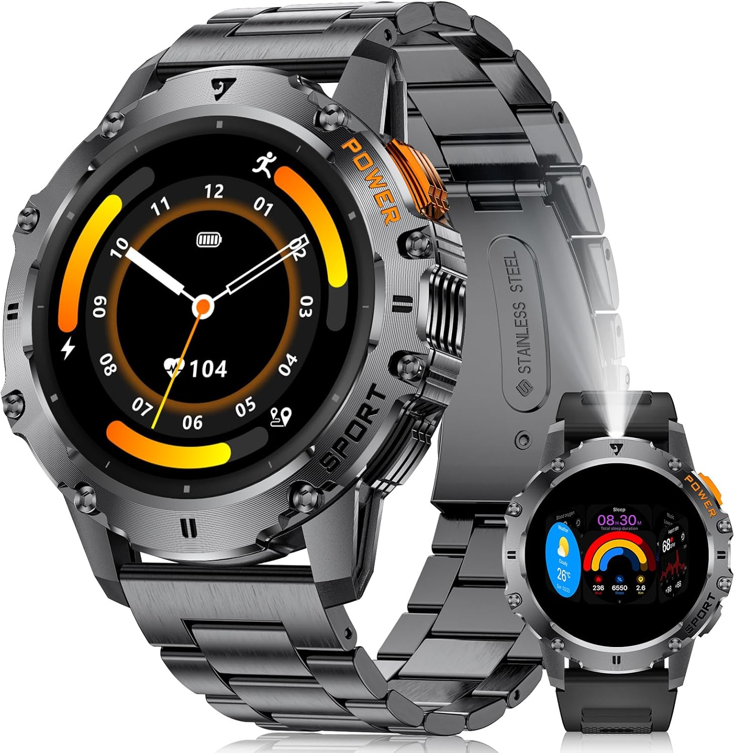 Men's Smartwatch with Flashlight for Android iOS, Outdoor Sports Watch 1.43 Inch AMOLED with 120+ Sports Modes, Beat/Sleep Monitor, IP68 Waterproof, Pedometer, 2 Straps