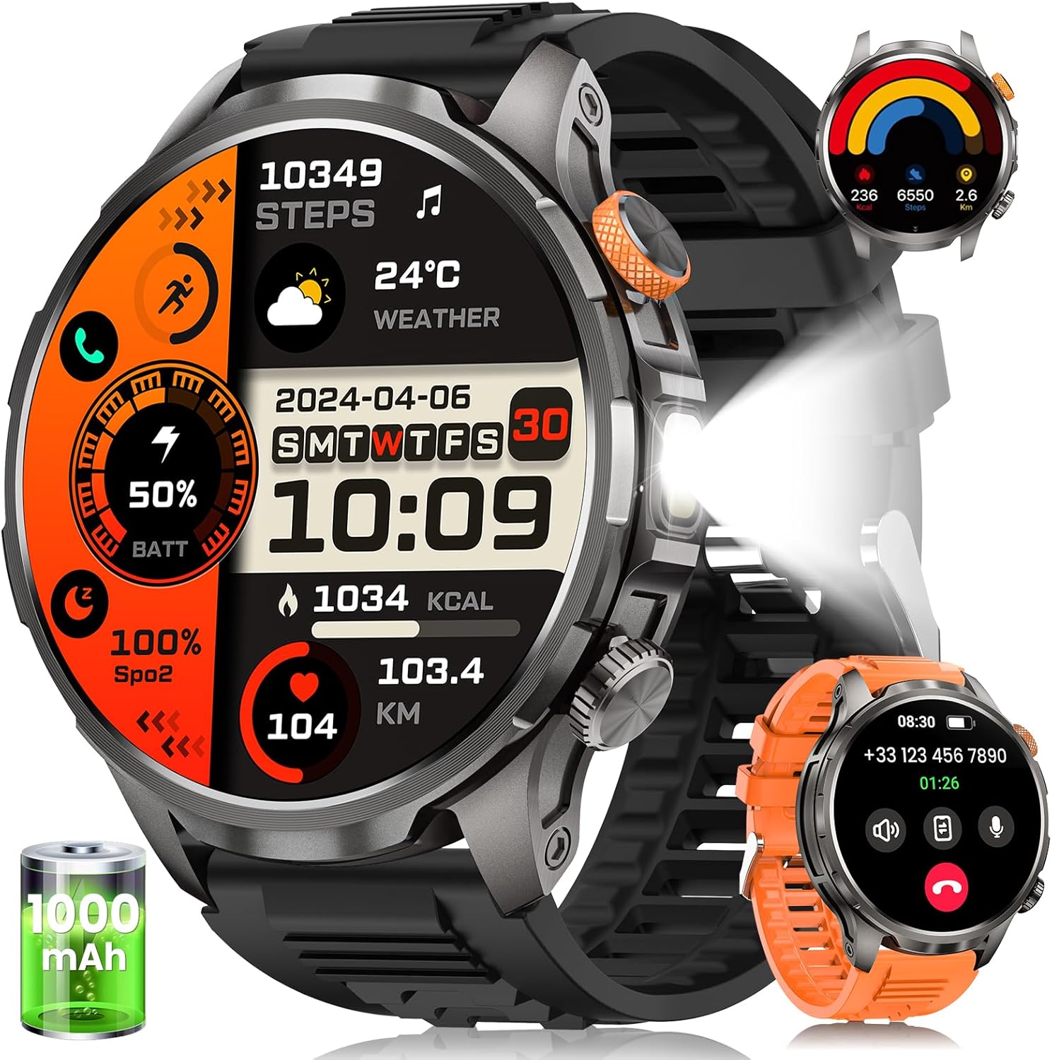 2025 Men's Smartwatch with LED Torch, 1000 mAh/5 ATM, 1.91 Inch AMOLED Military Smart Watch with Calls/113 Sports Modes, 24/7 Fitness Tracker Sleep/Heart Rate Monitor/SpO2 Android iOS Black