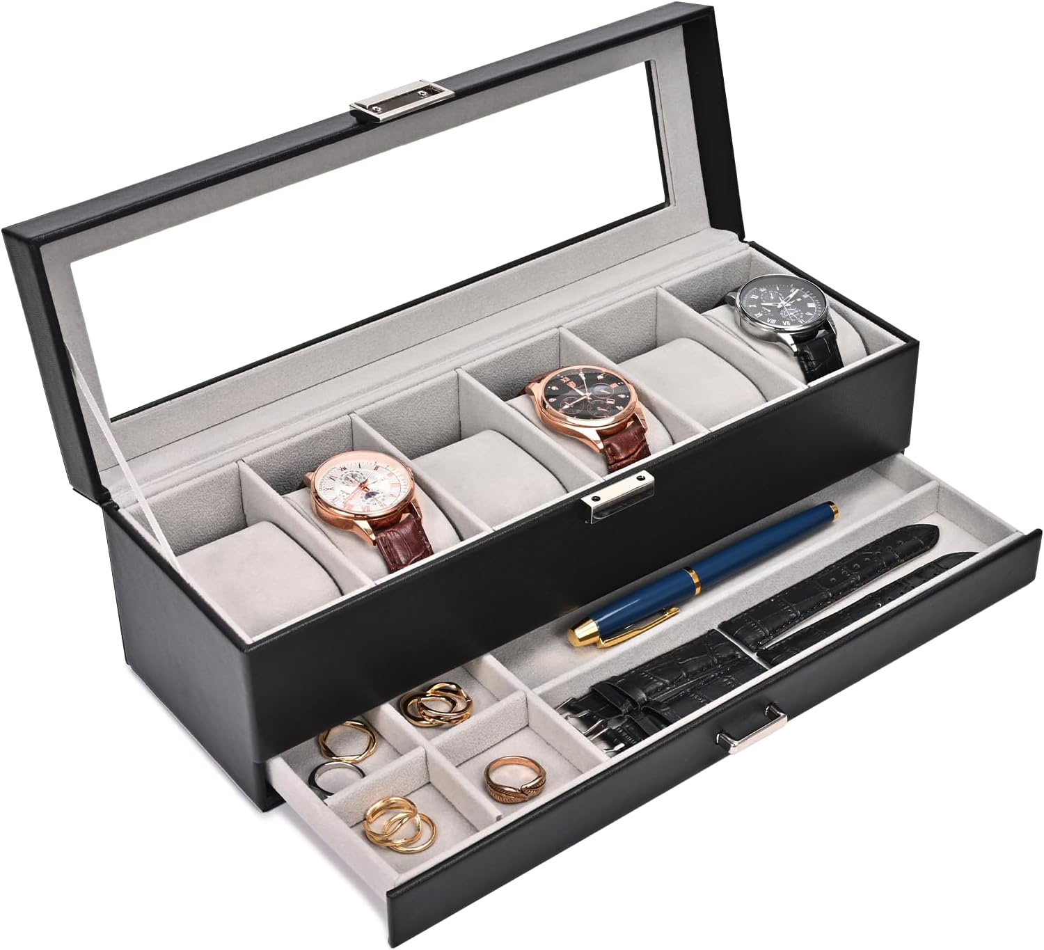 procase-watch-box-with-6-compartments-with-glass-lid-2-tiers-with-removable-cushion-for-jewellery-ring-bracelet-and-necklace-black
