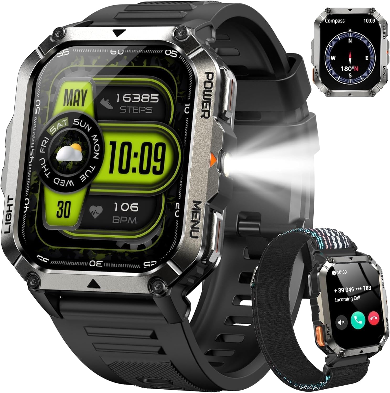 IOWODO 2.01 inch Military Men's Smartwatch with Bluetooth Calls, 900 mAh Battery, LED Flashlight, Compass, IP68 Waterproof, Heart/Blood Oxygen Monitoring, 100+ Sports Modes, 2 Straps