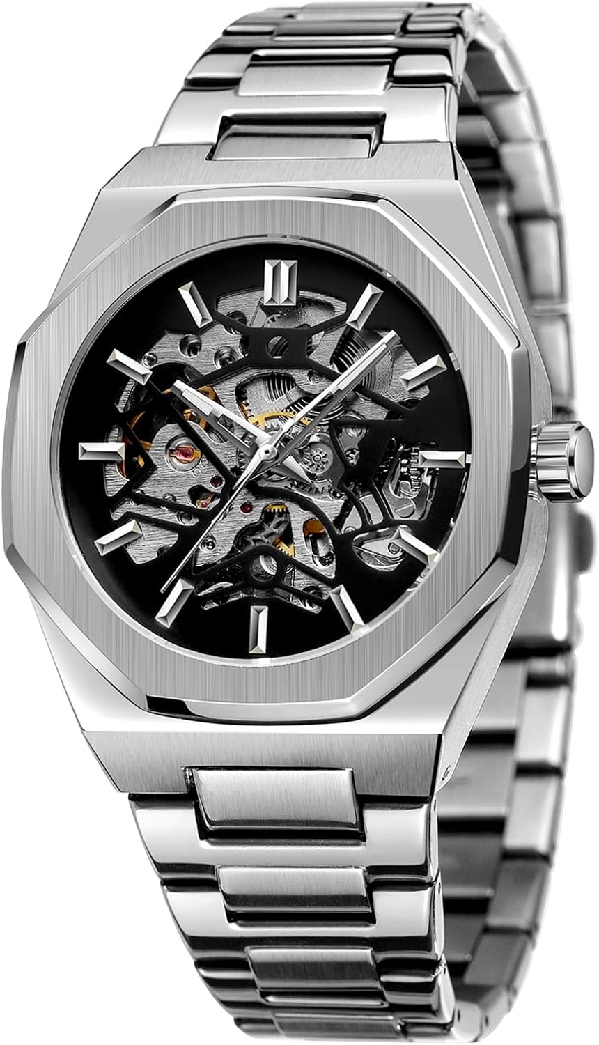 Men Mechanical Watch Automatic Winding Mechanical Wrist Watch for Men Octagonal Case Stainless Steel Band Skeleton Design Watches