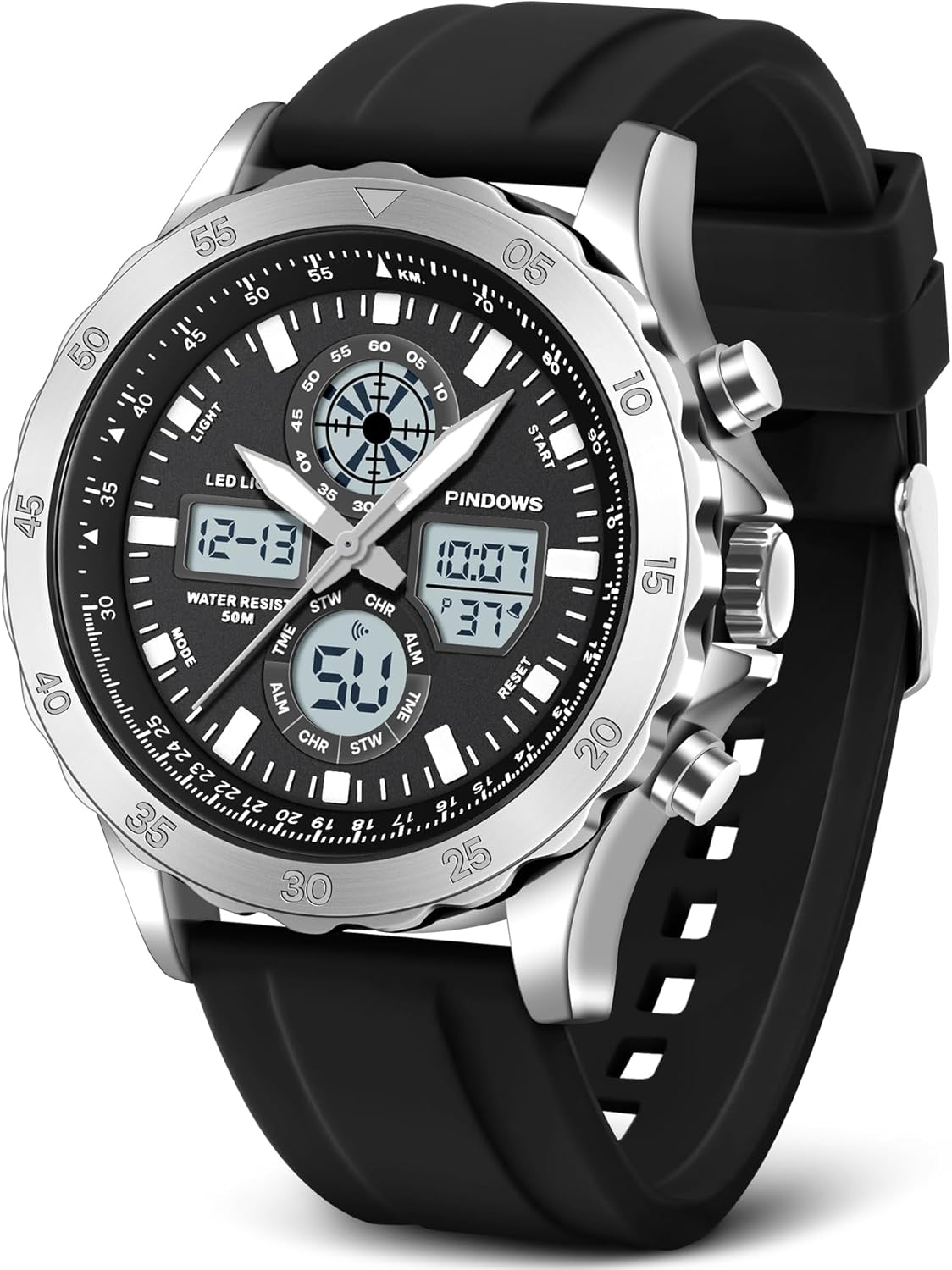 Men's Sports Military Waterproof Analogue Digital Stainless Steel Watch with Alarm, Stopwatch, LED, Hourly Chime and Multifunction