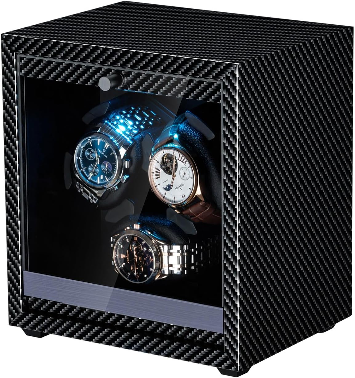 Mcbazel Ultra Quiet Automatic Watch Charging Box, 4 Rotating Modes with Blue LED Light, Programmable Box for 3 Watches, USB Powered Watch Case with Foam