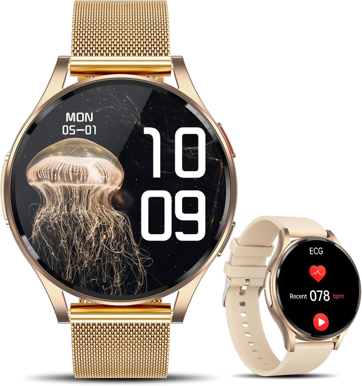 Smartwatch with ECG+HRV/Lipids/BMI/Uric Acid, 1.43 Inches AMOLED Health Watch with 2 Straps, Bluetooth, 24H Blood Pressure/Heart Rate/Sleep, iOS Android