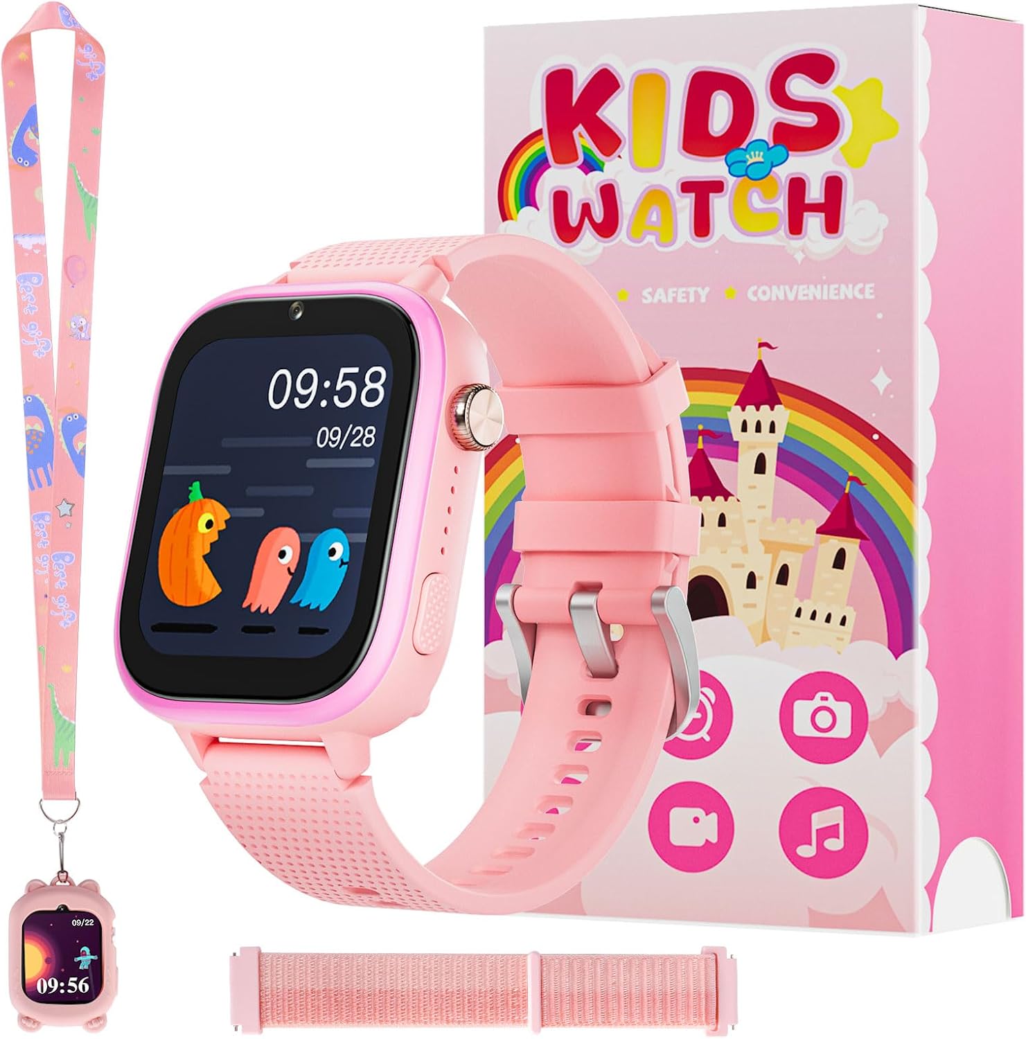 OKYUK Kids Smart Watch with GPS Phone Video Call Message School Mode SOS Camera Pedometer (Pink)