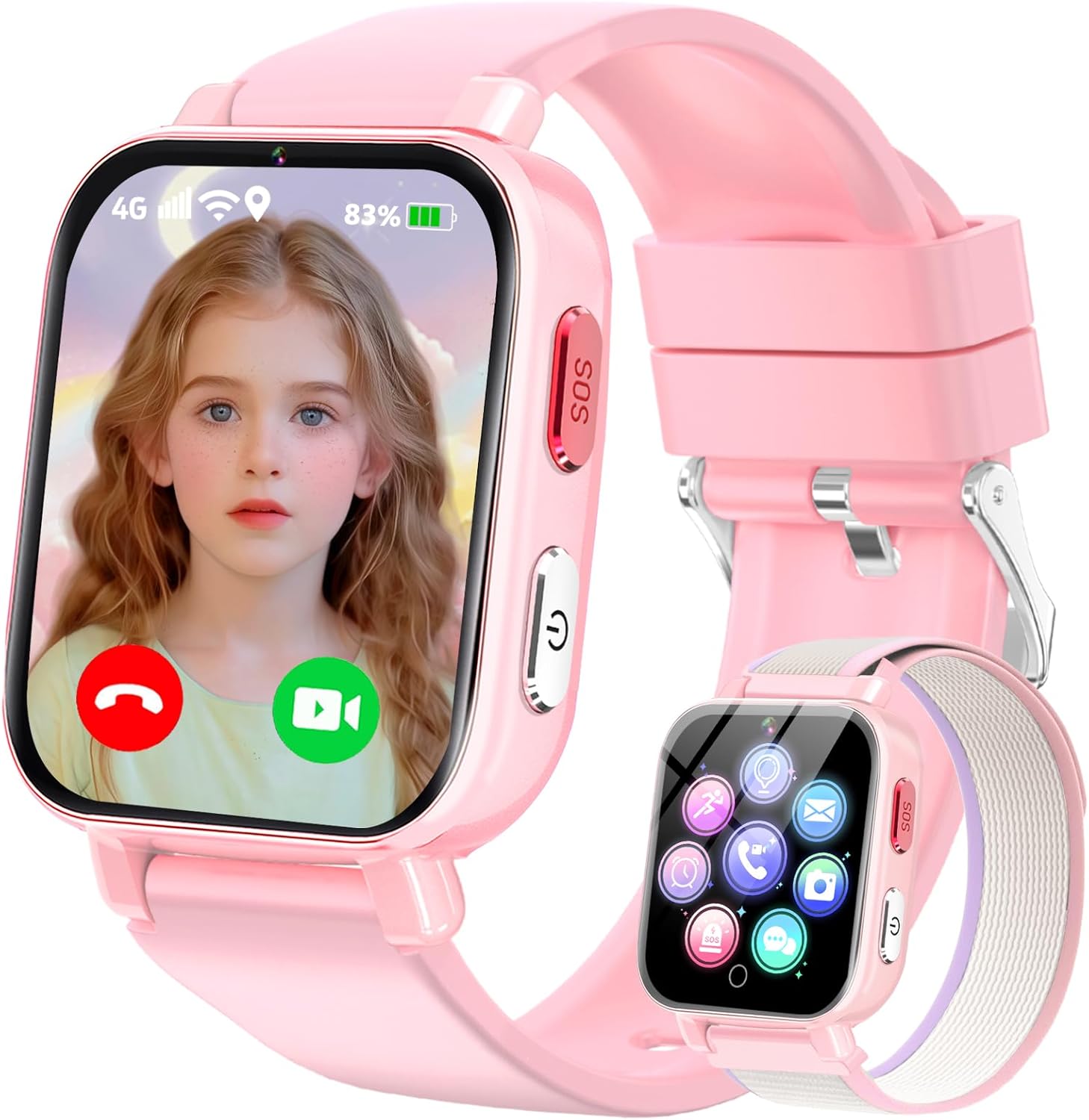 4G Children's Smartwatch with GPS and Phone, Smartwatch Watch Children with Video Calls, Voice Chat, School Mode, SOS, Pedometer, Smart Watch Gift Boys Girls 4-12, Pink