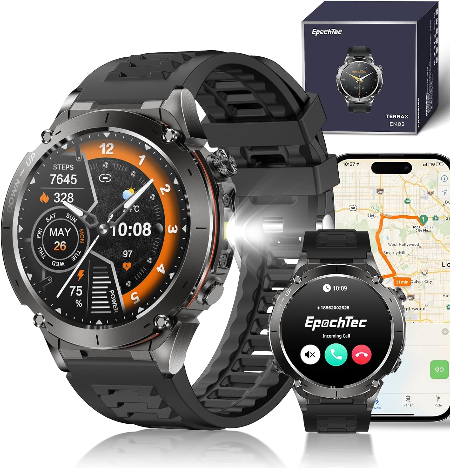 TERRAX Men's Smartwatch – GPS, 1.43 Inch Touchscreen, Heart Rate Monitor, SpO2, Sleep Tracking, Pedometer, Bluetooth Calls, IP69 Waterproof, 170+ Sport Modes