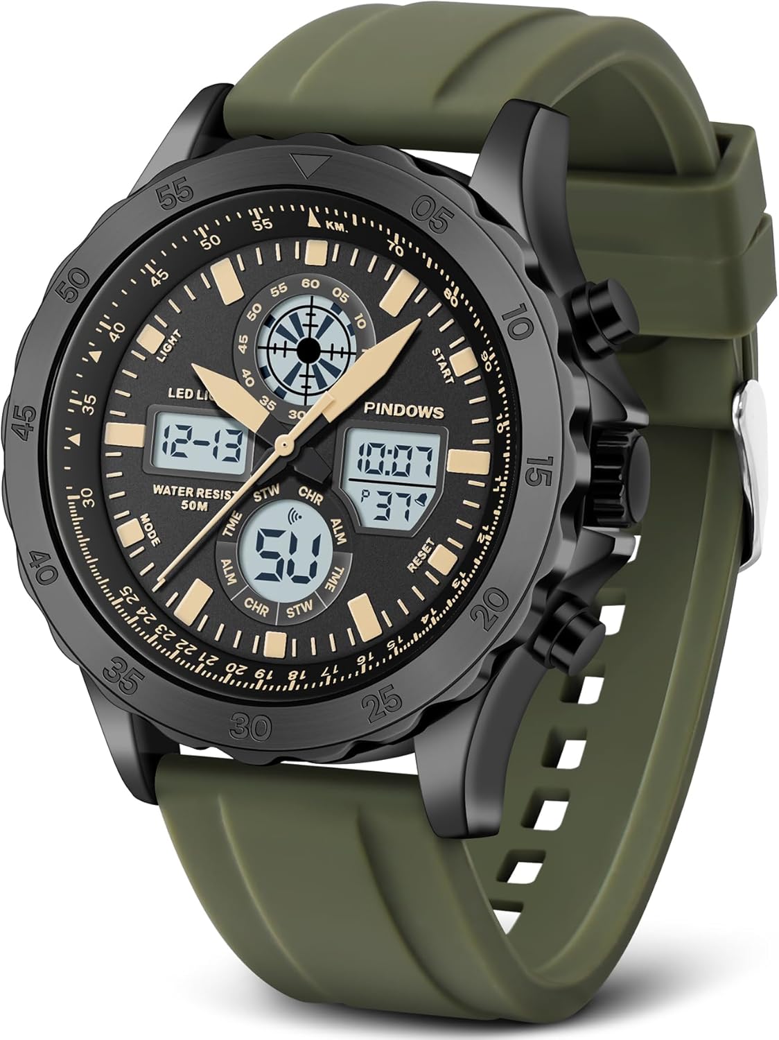 Men's Sports Military Waterproof Analogue Digital Stainless Steel Watch with Alarm, Stopwatch, LED, Hourly Chime and Multifunction