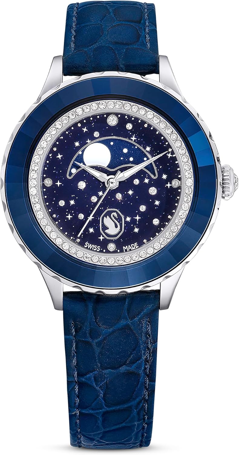 Swarovski Octea Montre Collection, Swiss-Made, Blue Stainless Steel, octea moon phase clock