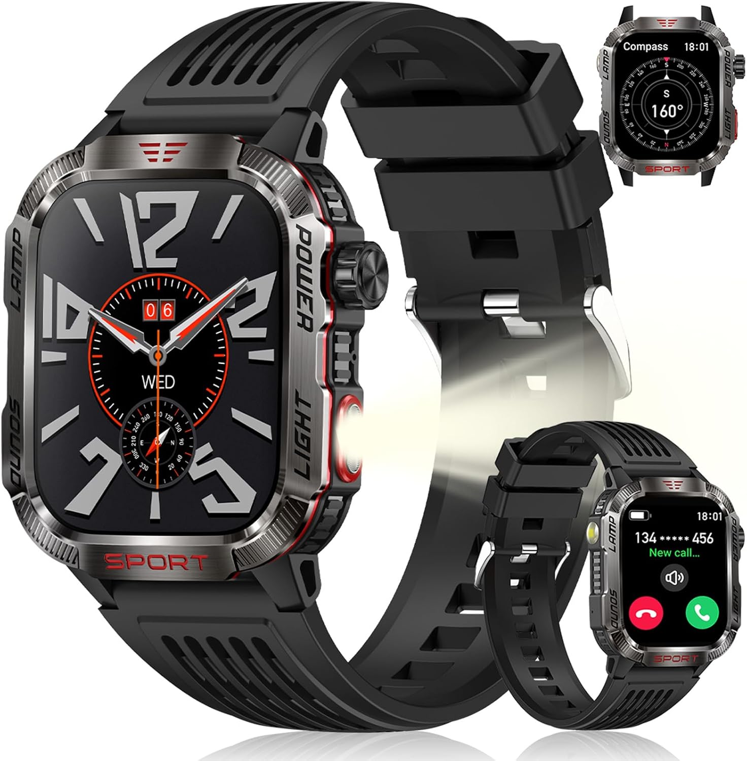 INMUA Men's Smartwatch 2.01 Inches with Bluetooth Calls, 100 + Sports Modes, Waterproof IP68 Men's Smartwatch with Podometer/Sleep Monitor/Heart Rate Monitor for iOS Android, 2 Straps