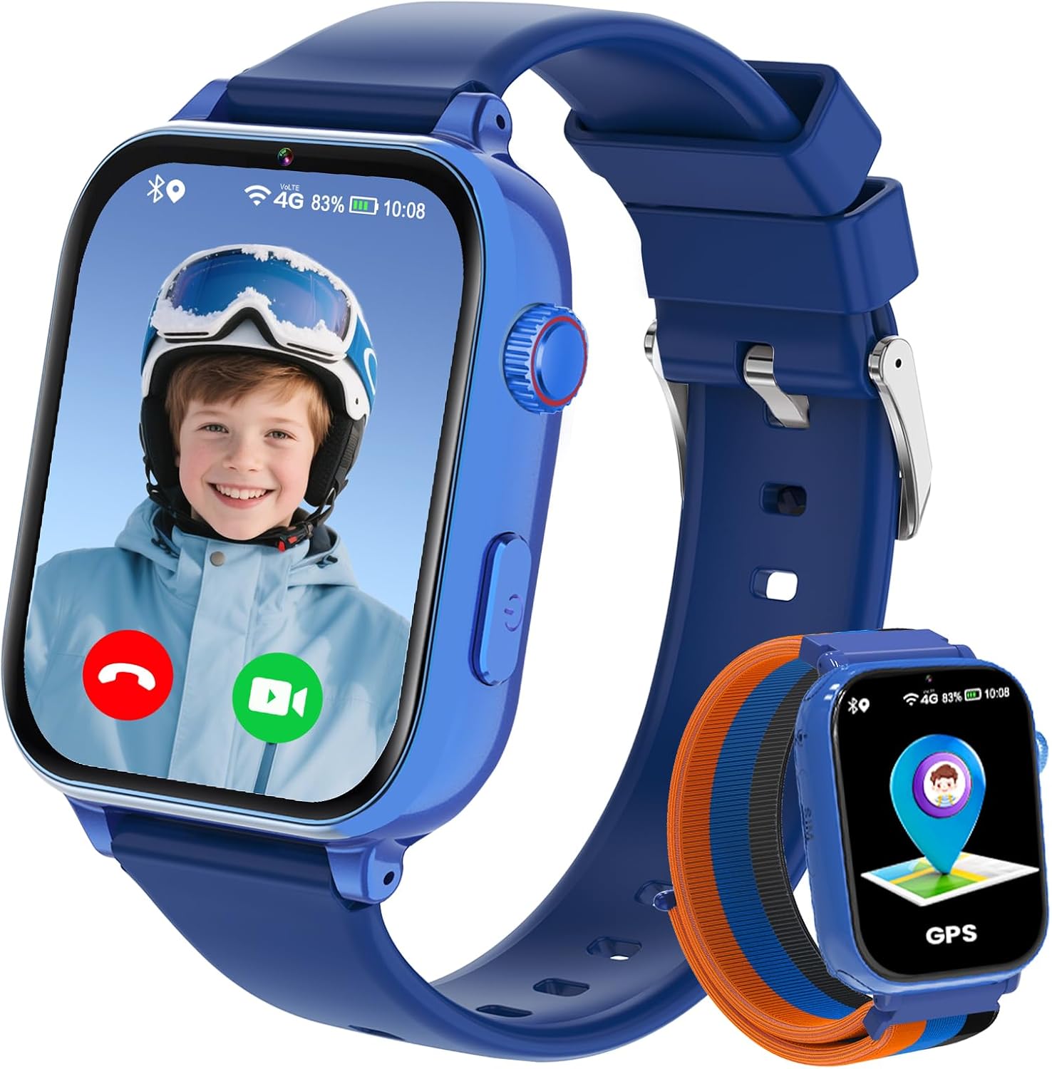 GPS 4G Children's Smartwatch, Smart Watch with Phone, Video Call, Chat, SOS, Alarm, Pedometer, Camera, Class Mode, Game, Smart Watch for Girl and Boy 4-12 Years Gift, Blue