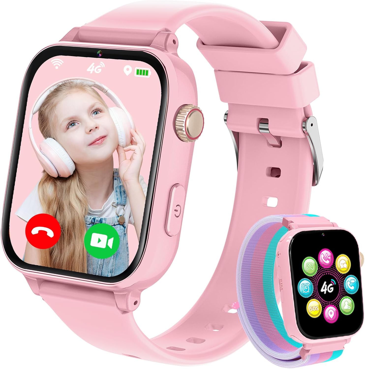 Smartwatch for Children GPS 4G, Smartwatch for Children Girls with Phone, Video Call Voice Chat Alarm Clock Pedometer Camera Class Mode, Gift for Girl and Boy 4-12 Years, Pink