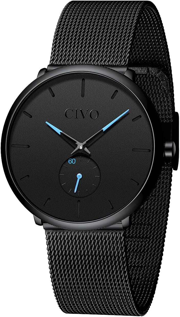 CIVO Men's Ultra Thin Minimalist Wrist Watches for Men Business Casual Waterproof Quartz Watch Stainless Steel Black