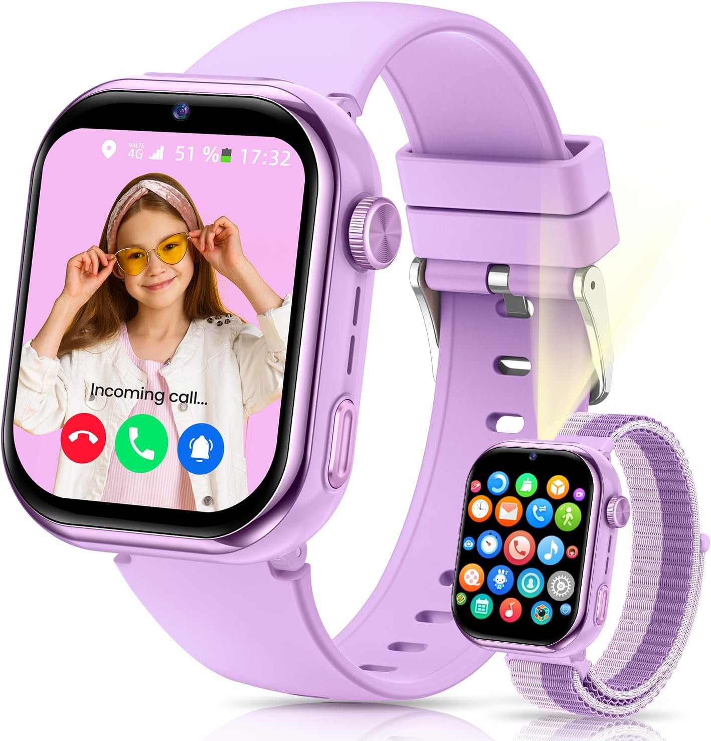 4G Children's Smartwatch IP68 Smartwatch with GPS, Dual Camera, Video Calls, Voice Chat, SOS, School Mode, Torch, Pedometer Smart Watch Boys and Girls Purple